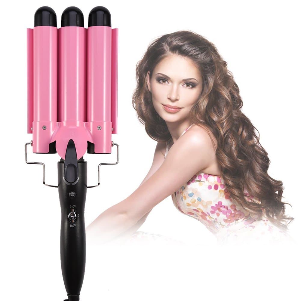 Hair Curling Iron, Portable Temperature Adjustable 3 Barrels Ceramic Wave Iron Wand Curler DIY Curly Hair Styling Tools (25mm)