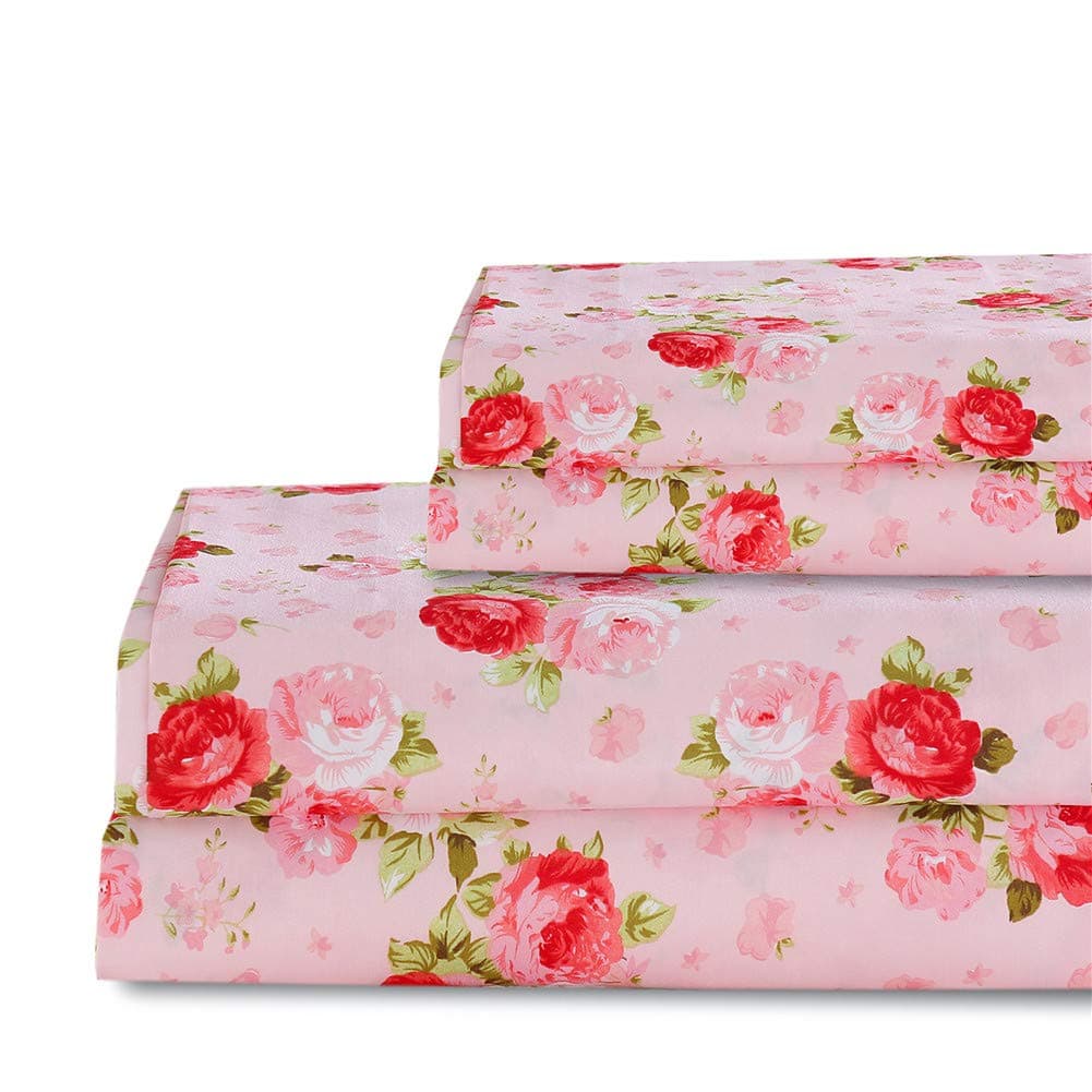 Rose Floral Sheet Set Queen Size Plaid Rose Sheets Deep Pocket Bed Sheets Flat Sheet& Fitted Sheet& Pillowcases 100% Microfiber 4PCS Pink Queen