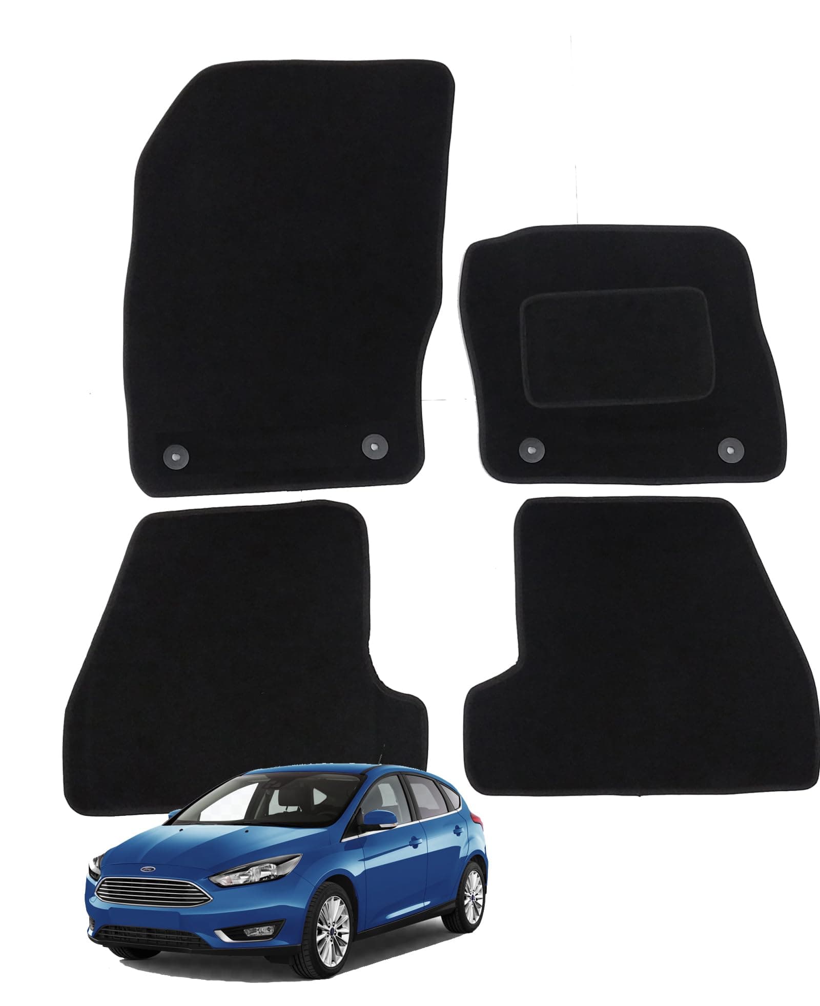 Car Mats for Ford Focus MK3 2015-2018, Set of 4 Custom Fit Floor Mats, Black with Black Trim with 4 Safety Clips