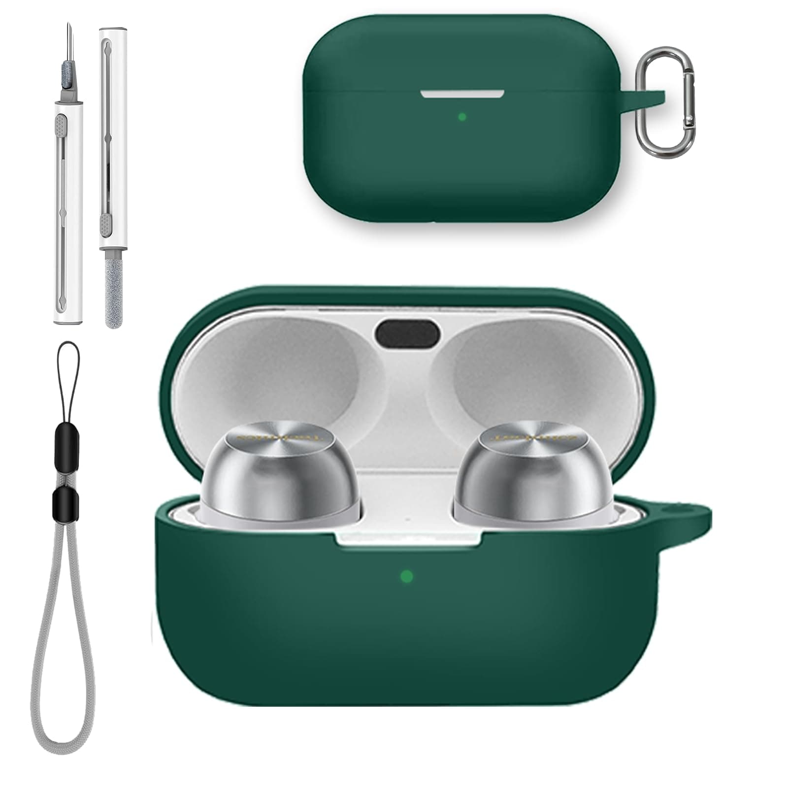 for Technics EAH-AZ100 Case Cover with Cleaner Kit, Soft Skin Silicone Case Cover with Keychain and Lanyard,Full Protective Case for Men and Women-Green