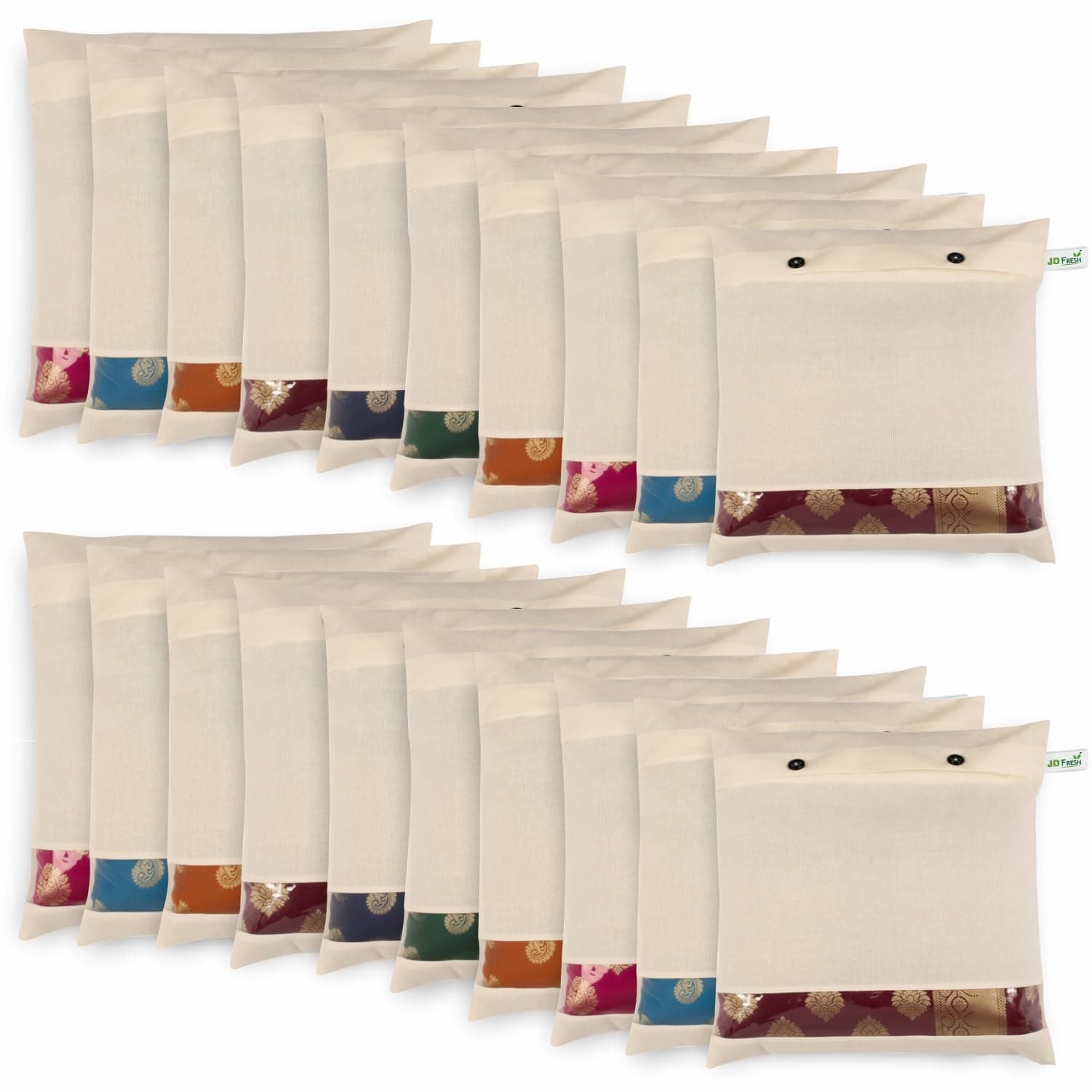 JD FRESH 20 Pcs Cotton Saree Covers/Storage Bags with Zip/Space Saving Bag with Mesh Window/Wardrobe-Cupboard Organizer/Holds 2 to 3 Sarees Each/Cloth Organizer for Travelling(14 X 16 Inch/Brown)