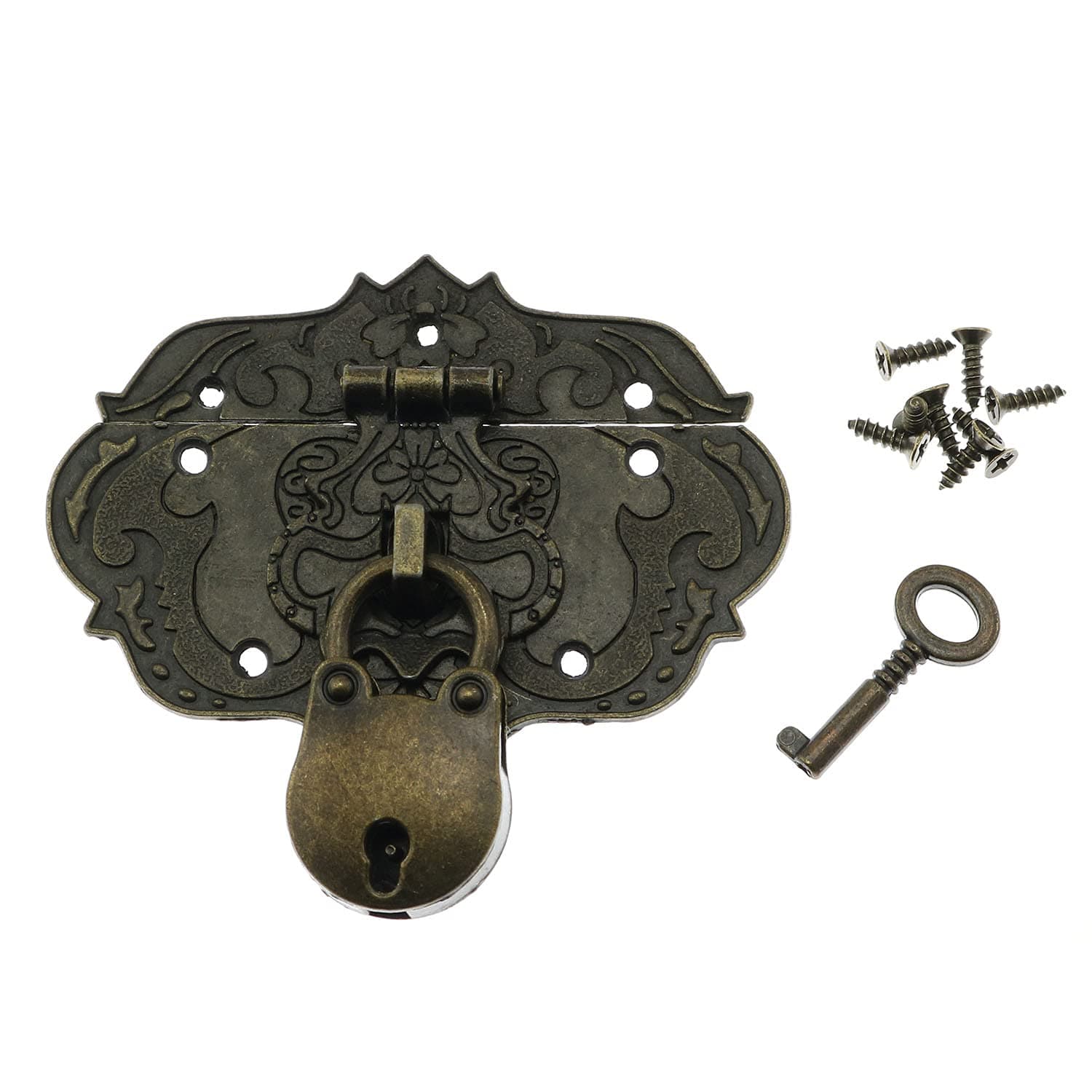 Antique Embossing Decorative Brass Hasp Clasp Latch Lock with Screws for Jewelry Box Ordinary Box Wooden Case Furniture Decoration (Bronze)