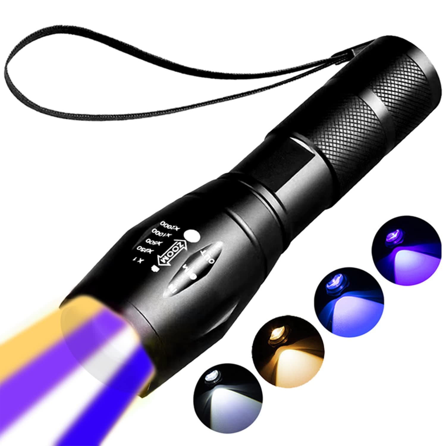 Rechargeable Multi Function Flashlights – 4 Color Lights, Black Light UV Flashlights, Blood Tracking Light for Hunting,4 Modes. LED UV Black Lamp and Blue Light and White and Yellow Lights.
