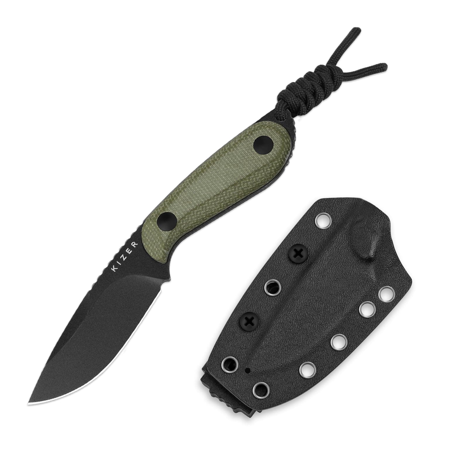 Kizer Buddy Fixed Blade Knife, 3" D2 Steel Camping Knife with Olive Green Micarta Handle, Compact EDC Fixed Blade Knives with Sheath for Hiking & Camping 1081M1