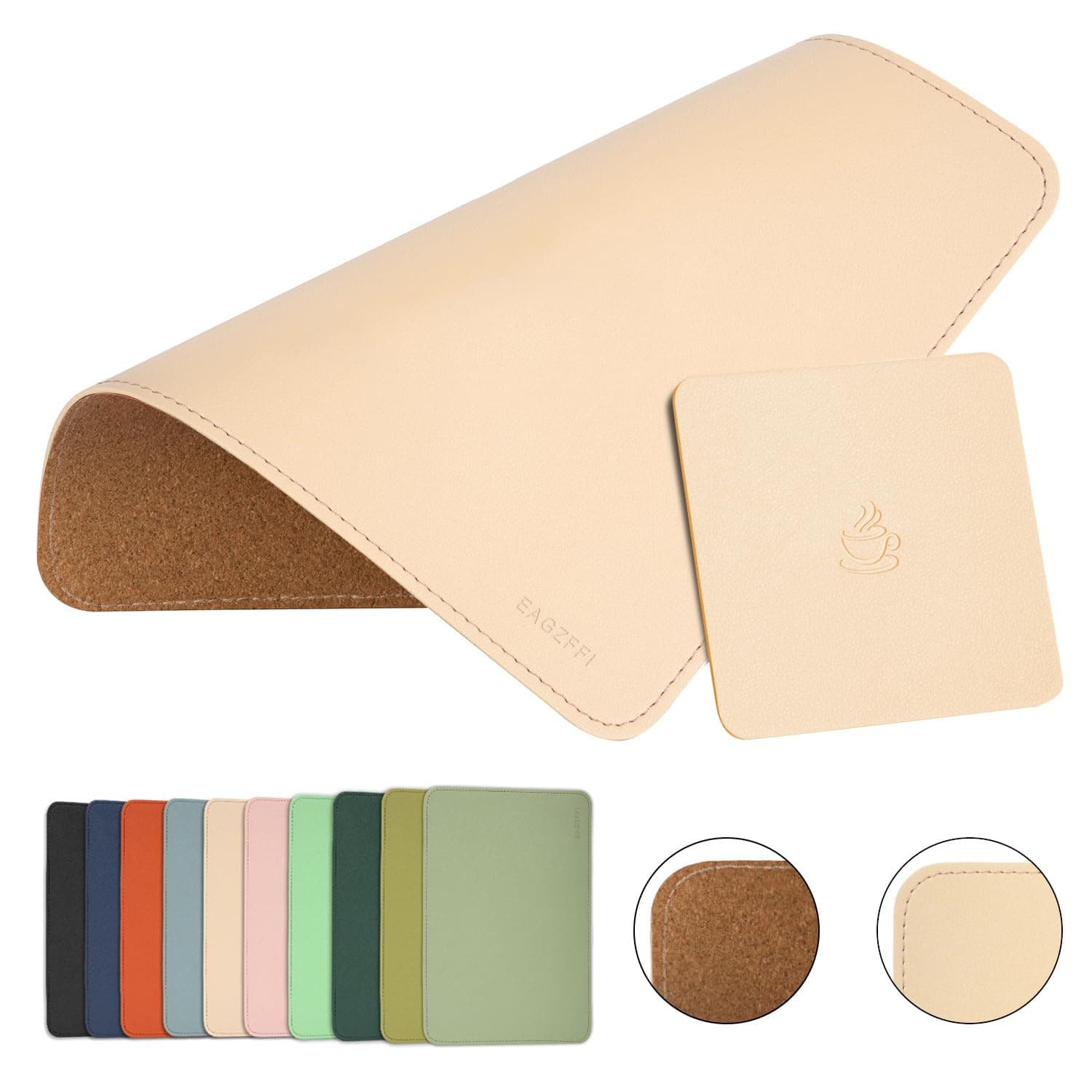 Leather Mouse Pad,Wood Mouse Pad,Double Side Mouse Pad,Stitched Edges,Equipped with Coaster Mouse Pads for Laptop,Office & Home,1 Pack,8inch11inch, (Apricot)