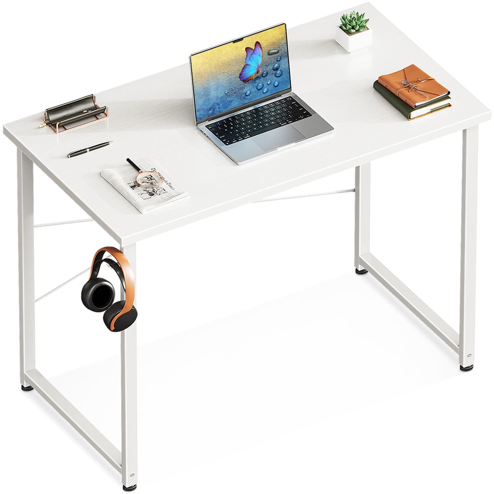 ODK 32 Inches Computer Desk for Home Office, Office Table for Small Spaces, Writing Desk with Headphone Hooks, White