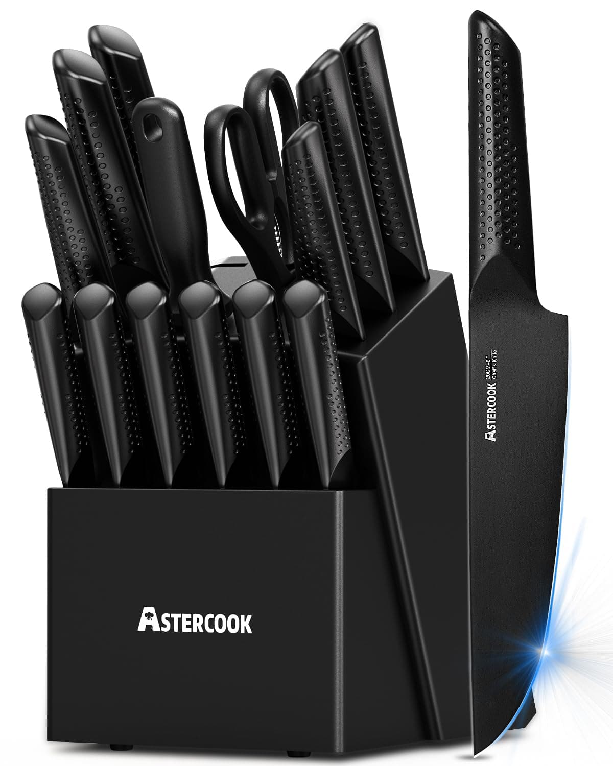Knife Set, 15 Pieces Chef Knife Set with Block for Kitchen, German Stainless Steel Knife Block Set, Dishwasher Safe, Elegant Black
