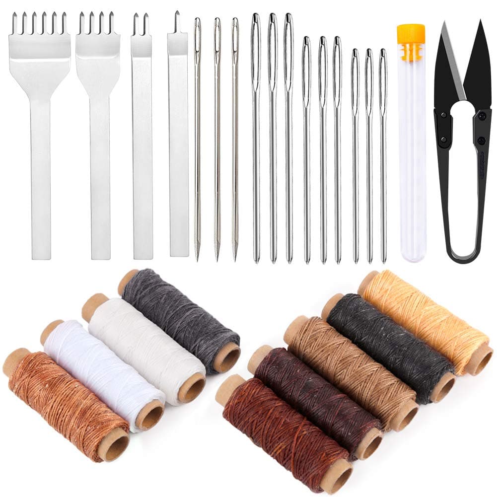 IMZAY Leather Sewing Tools, Leather Craft Hand Stitching Tools Leather Hole Punches Lacing Stitching Punch Tool Leather Sewing Waxed Thread and Needle for Leather Working Crafting Projects