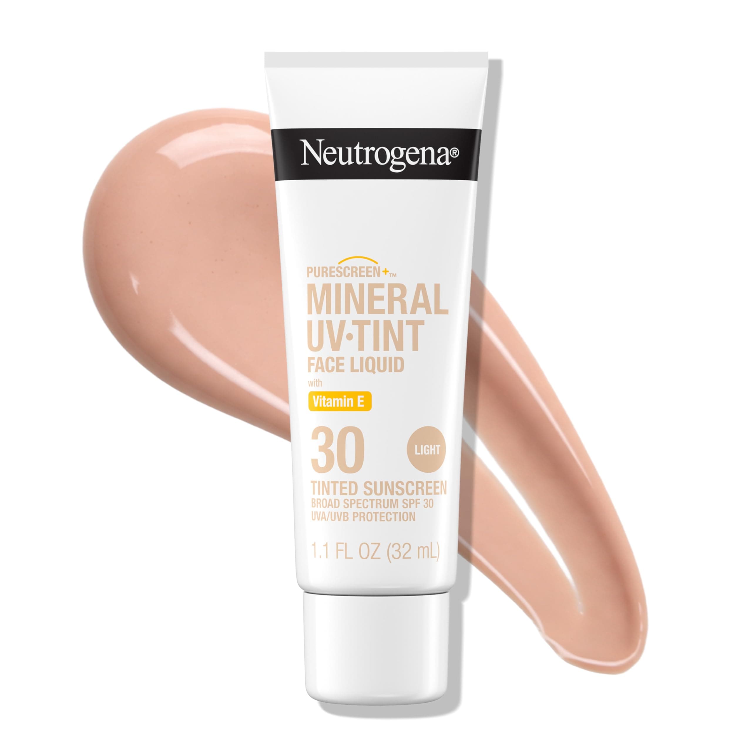 Neutrogena Purescreen+ Tinted Sunscreen for Face with SPF 30, Broad Spectrum Mineral Sunscreen with Zinc Oxide and Vitamin E, Water Resistant, Fragrance Free, Light, 1.1 fl oz