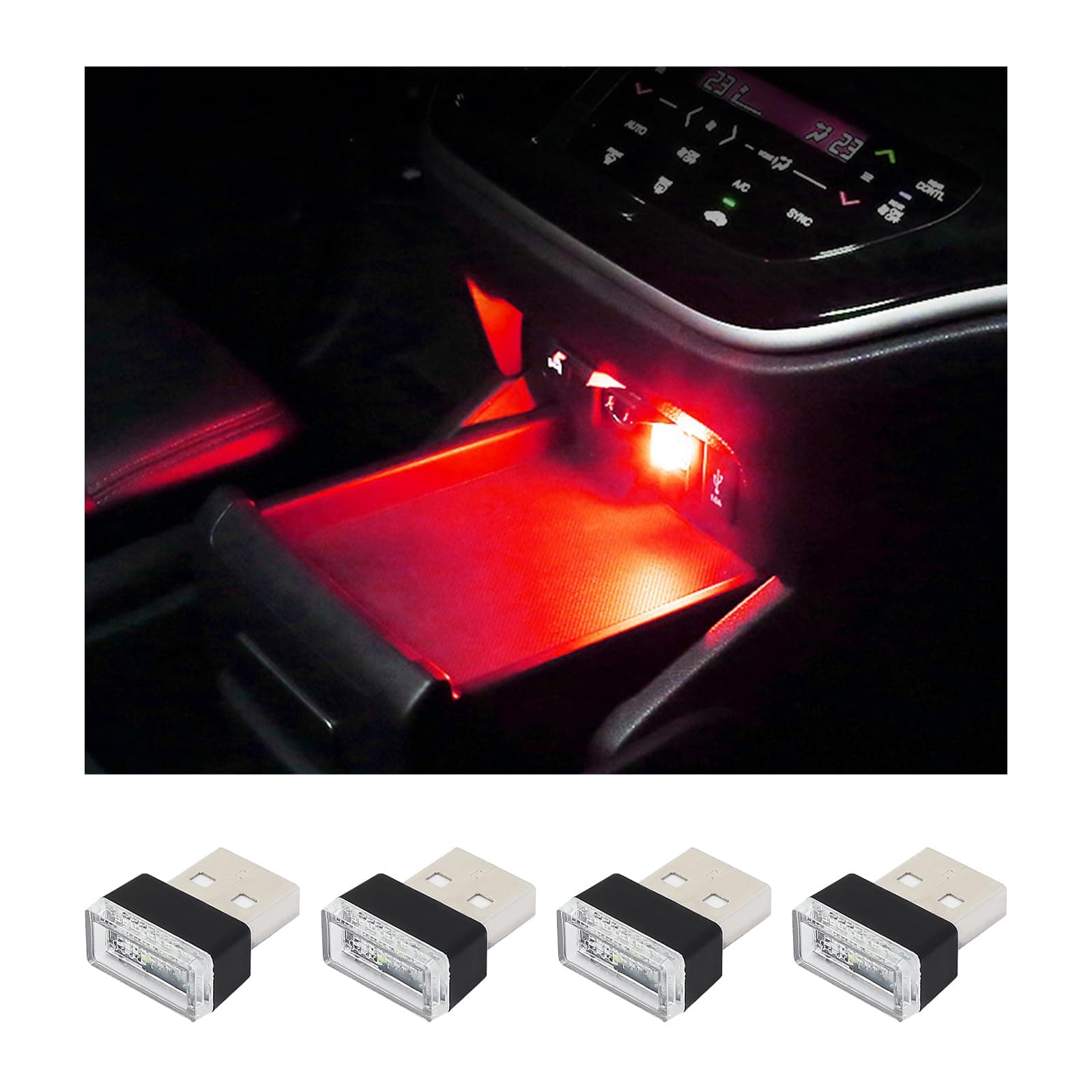 Augeny 4 PCS USB LED Car Interior Atmosphere Lamp, Plug-in USB Decor Night Light, Portable Auto Ambient Lighting Kit, Universal Vehicle Interior Accessories for Most Cars (Red)