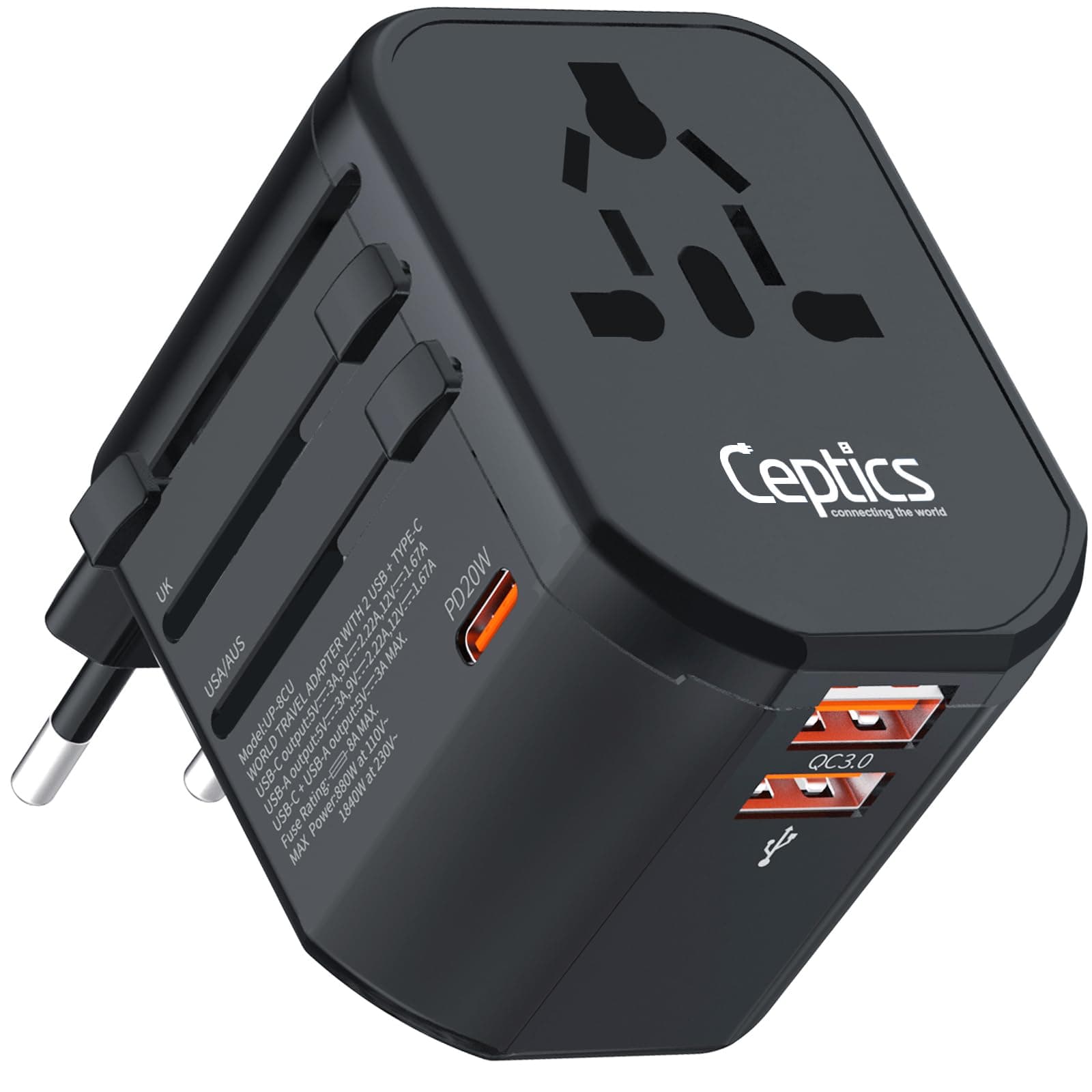 Ceptics 4 in 1 Universal Charger Adapter, 2 USB QC 3.0, 20W USB-C Universal Travel Adapter All in One Fast Charging, International Travel Adapter Lifetime Limited Warranty, for EU, UK, USA/AUS, Black