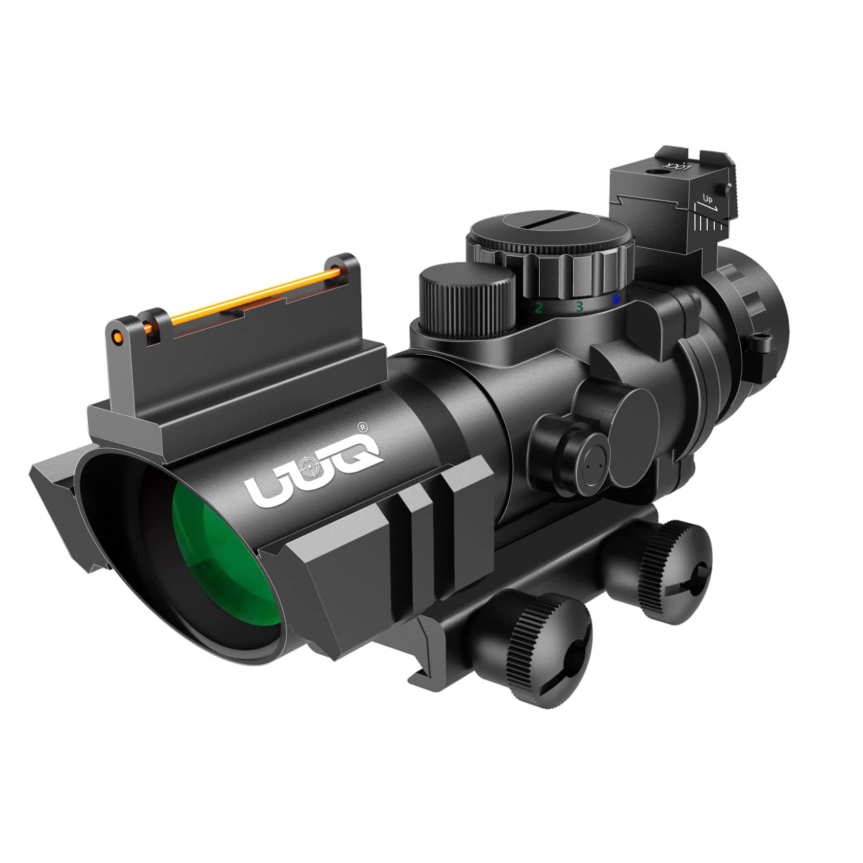 Prism 4x32 Red/Green/Blue Triple Illuminated Rapid Range Reticle Rifle Scope W/Top Fiber Optic Sight and Weaver Slots