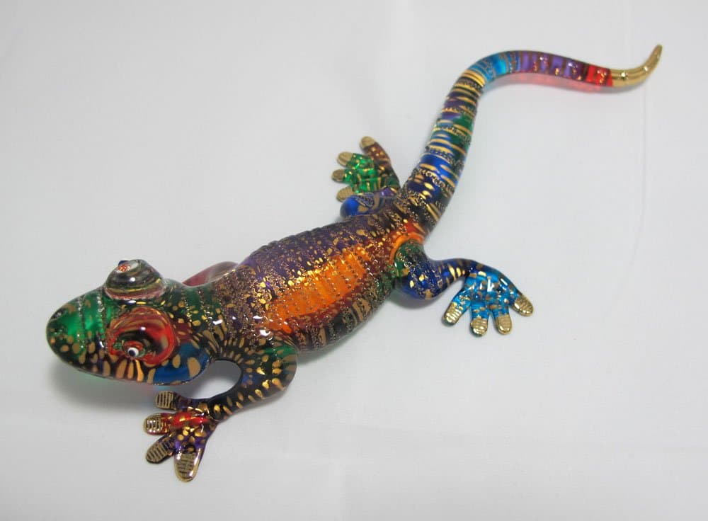 WitnyStore Tiny 7" Rainbow Multicolor Gold Dotted Gecko Figurine Miniature Hand Blown Painted Glass Geckoes Lizard Salamander Reptile Colorful Crystal Animals Decorative Collectible Figure Décor Gifts