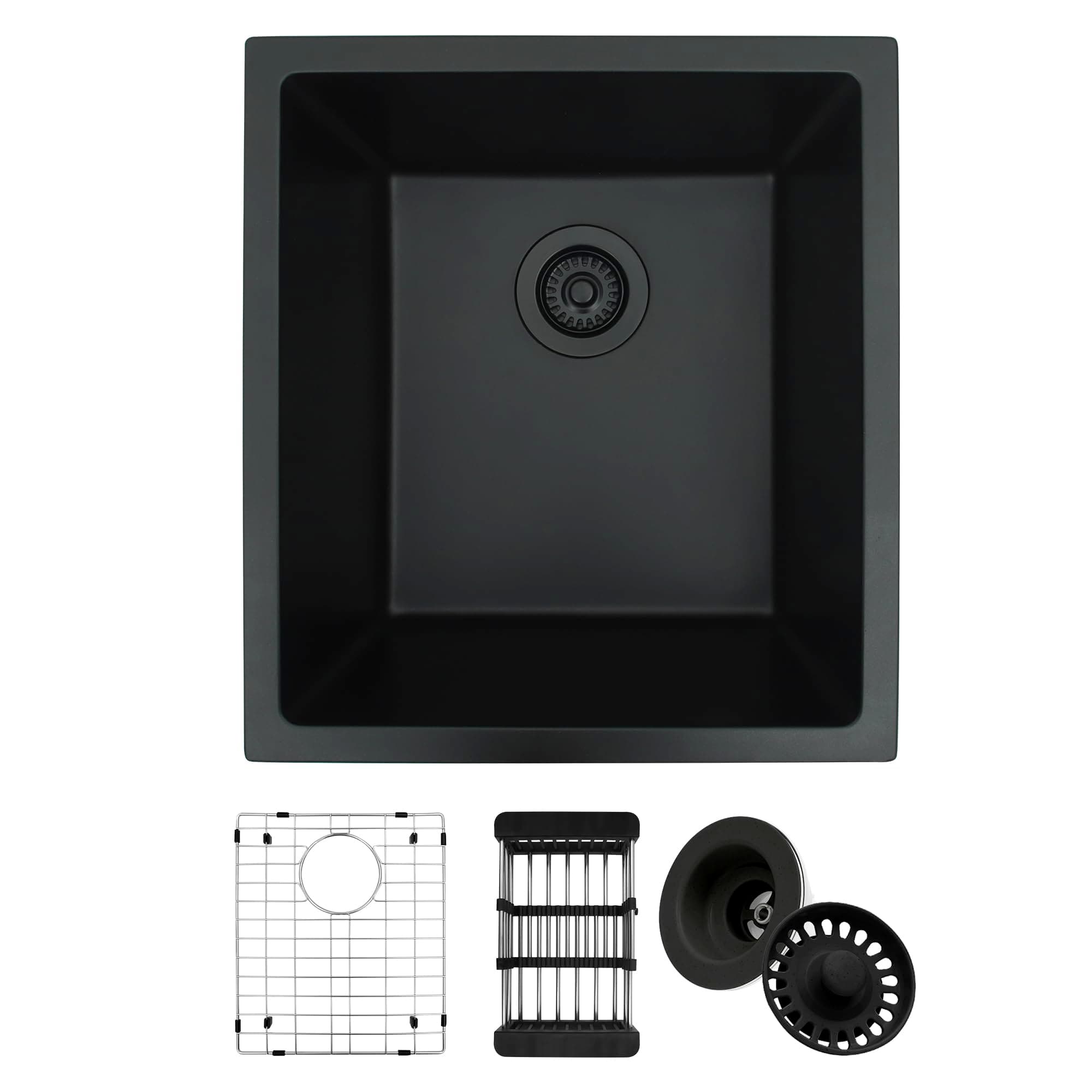 Black Bar Sink,Black Granite Composite Kitchen Sinks With Accessories, 17 Inch Undermount Quartz Stone Kitchen Sinks, 17" x 19" x 10" Small Kitchen Sink used for RV, Bar, Outdoor and Wet Bar