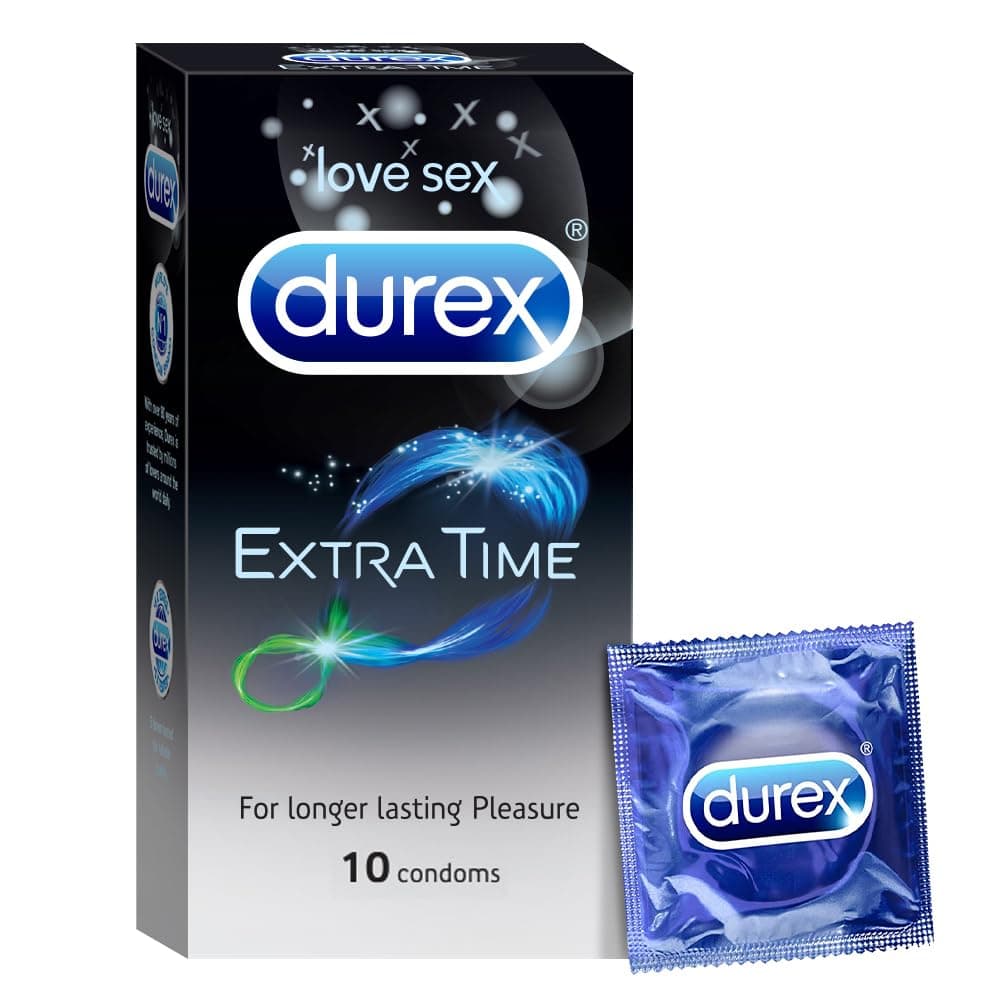 Durex Extra Time Condoms for Men - 10 Count | Performa Lubricant for Long Lasting Climax Delay | Suitable for use with lubes & toys
