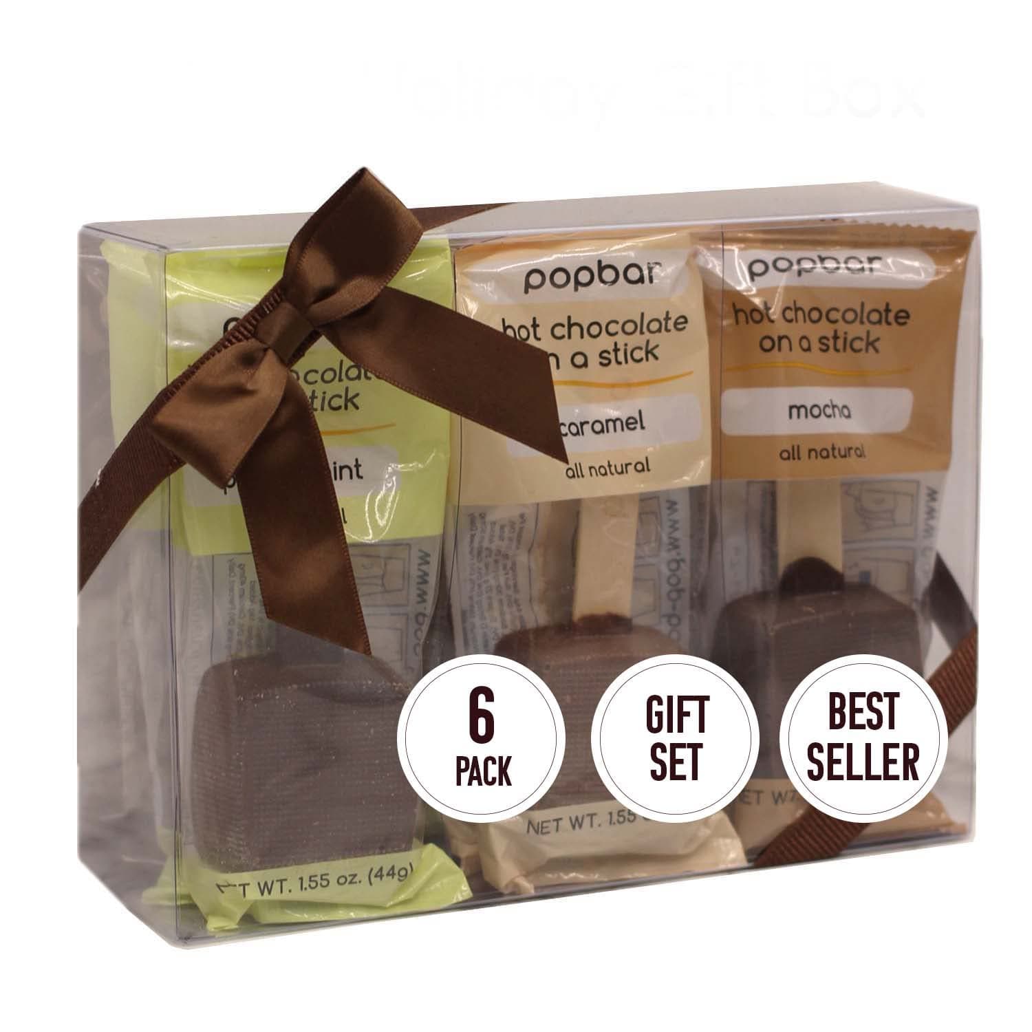 Popbar - Hot Chocolate Sticks - 6 Pack Holiday Gift Pack Set Kit - 1 Dark, 1 Milk, 1 Vanilla White, 1 Mocha, 1 Peppermint & 1 Caramel. Ideal for Holidays, Birthdays, Thanksivging , Christmas,