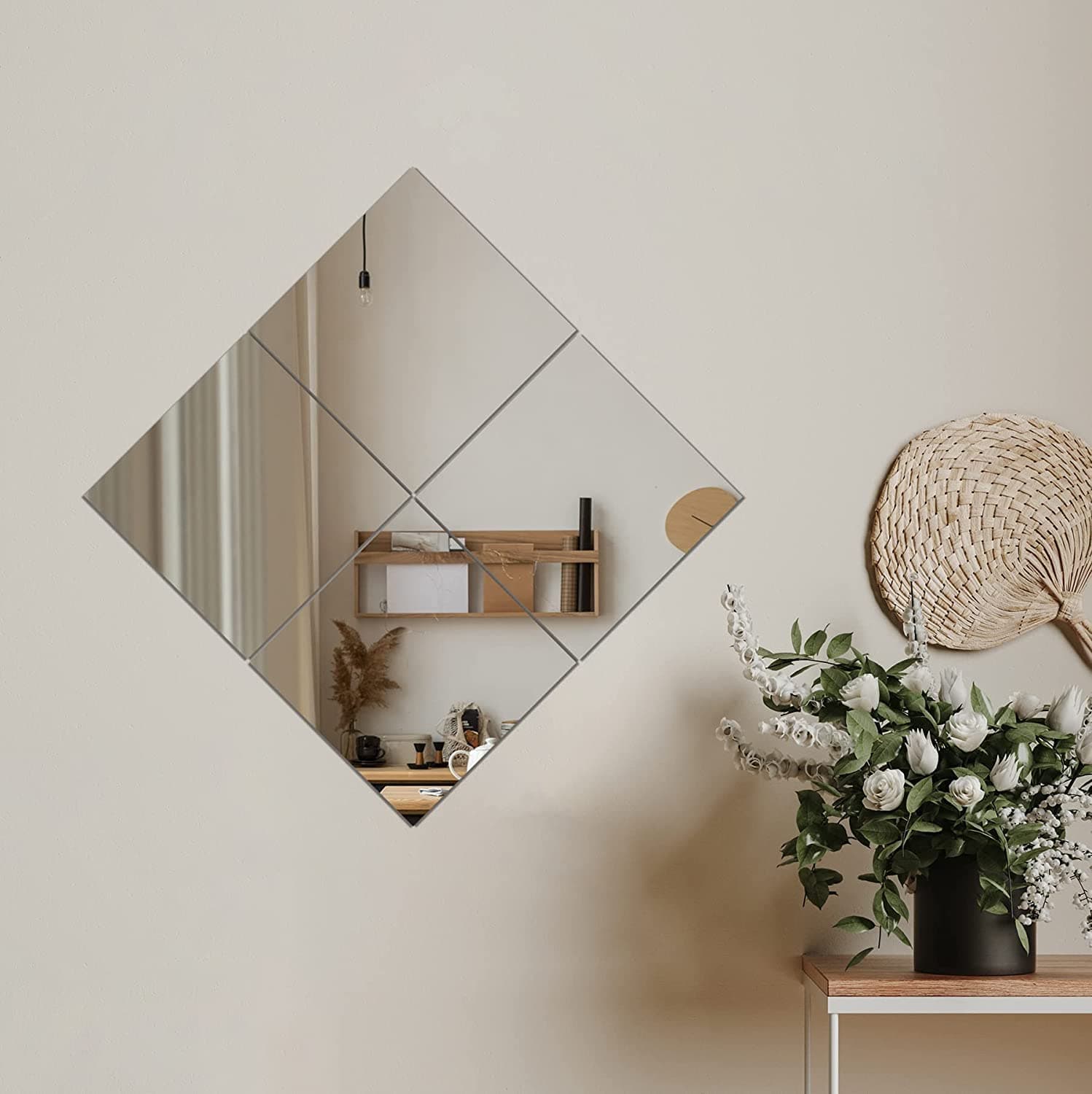Self Adhesive Glass Mirror, Bathroom Wall Mounted Mirror, Make Up Mirror Sticker for Home Living Room Bedroom, Frameless Modern Vanity Mirror for Wall Tiles Decoration Hanging (4PCS-30 * 30CM)