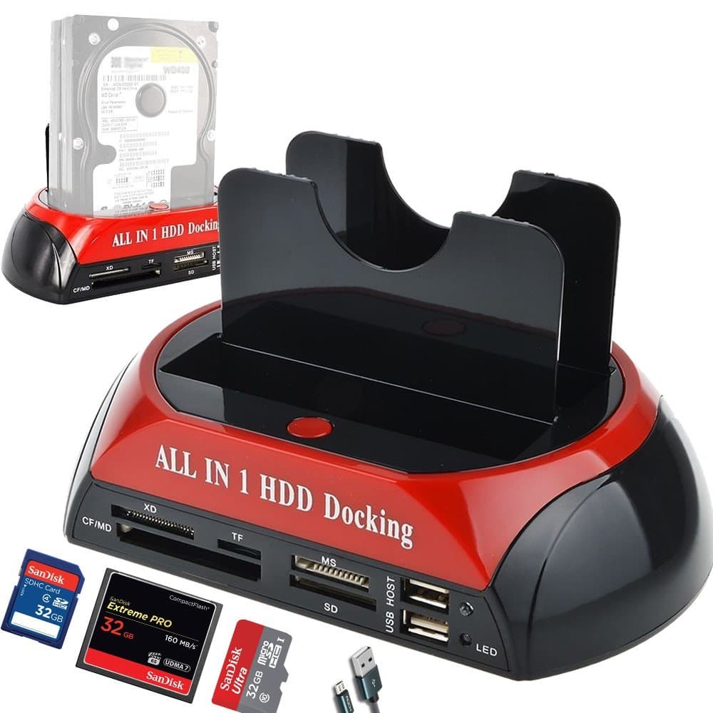 Xingda Hard Drive Docking Station,Dual Slots USB 2.0 to IDE SATA Hard Drive 2.5" 3.5" with SATA I II III HDD Docking Station with Card Reader(No Support The WD IED Hard Drive)