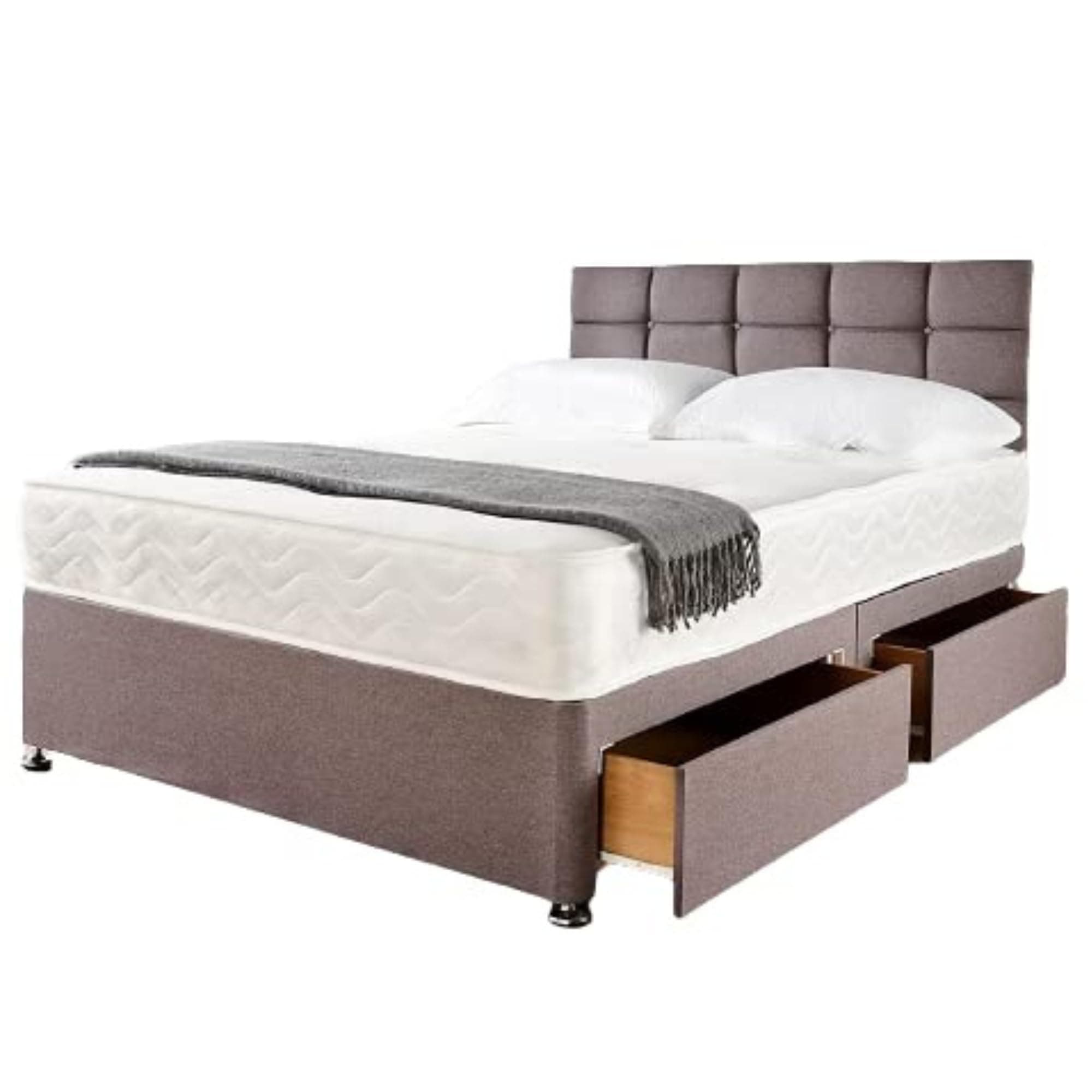 Grey Linen Look Divan Double Bed Frame with 20'' Cubic Headboard & 2 Storage Drawers | Double Bed with Mattress Included Spring Memory Foam | Bedroom Furniture Set