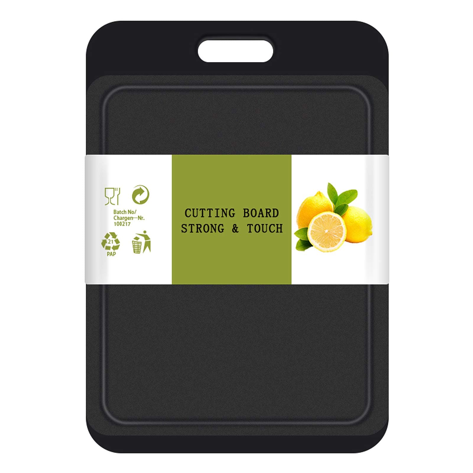 SOSECCE Cutting Board Plastic with Juice Grooves and One-Piece Non-Slip Silicone Handles, 14 x 9.5 x 0.4 Inch Kitchen Chopping Board, Dishwasher Safe BPA Free (Black+Grey)