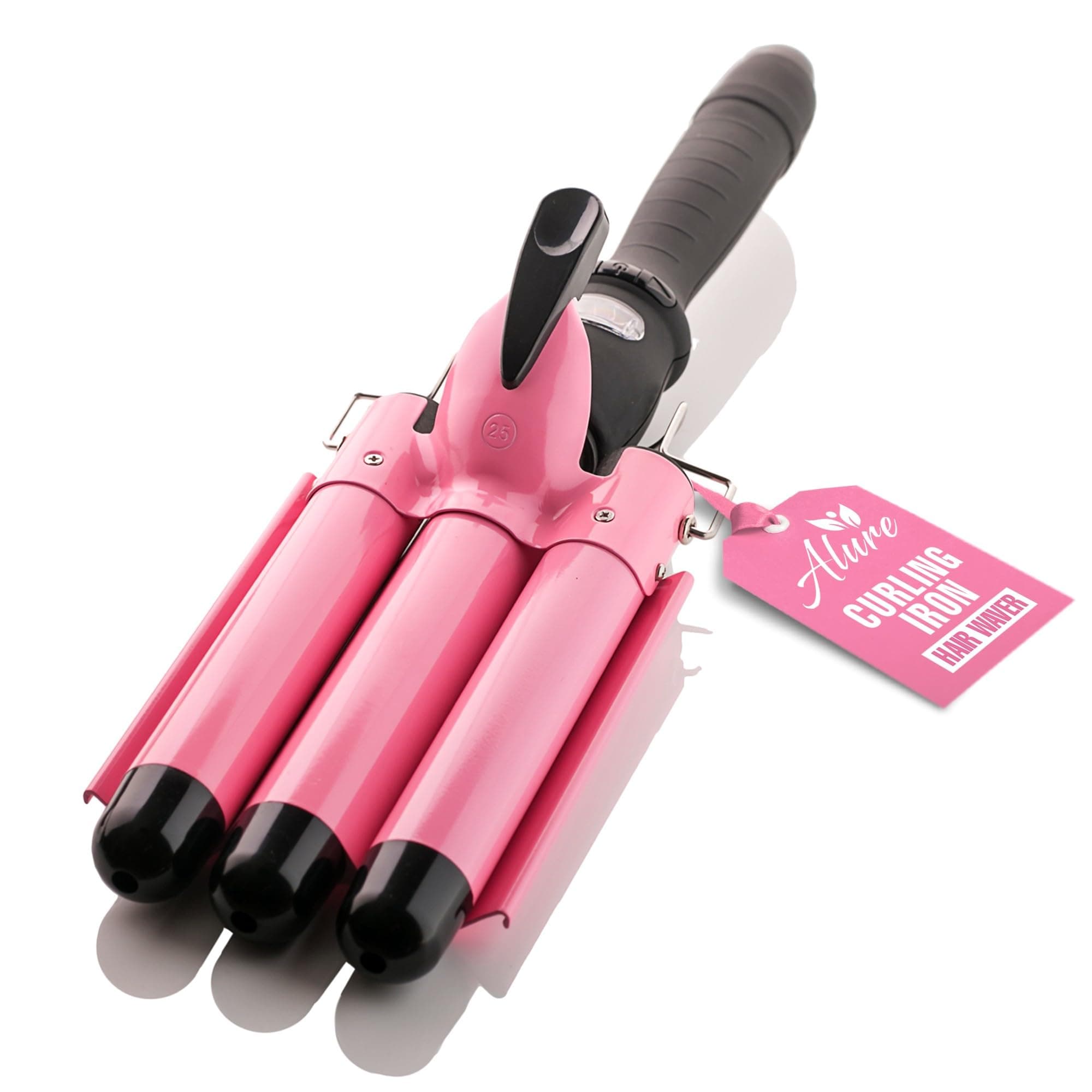 Alure Three Barrel Curling Iron Wand With Lcd Temperature Display, 1 Inch Ceramic Tourmaline Triple Barrels, Dual Voltage Crimping Tool, Best Hair Waver For Beachy/Frizz Free Waves, Pink