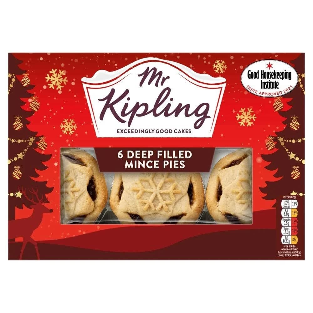 Mr Kipling 1 x 6 Deep Filled Mince Pies Cakes Hot Cold Pastry Sweet Butter Sugar