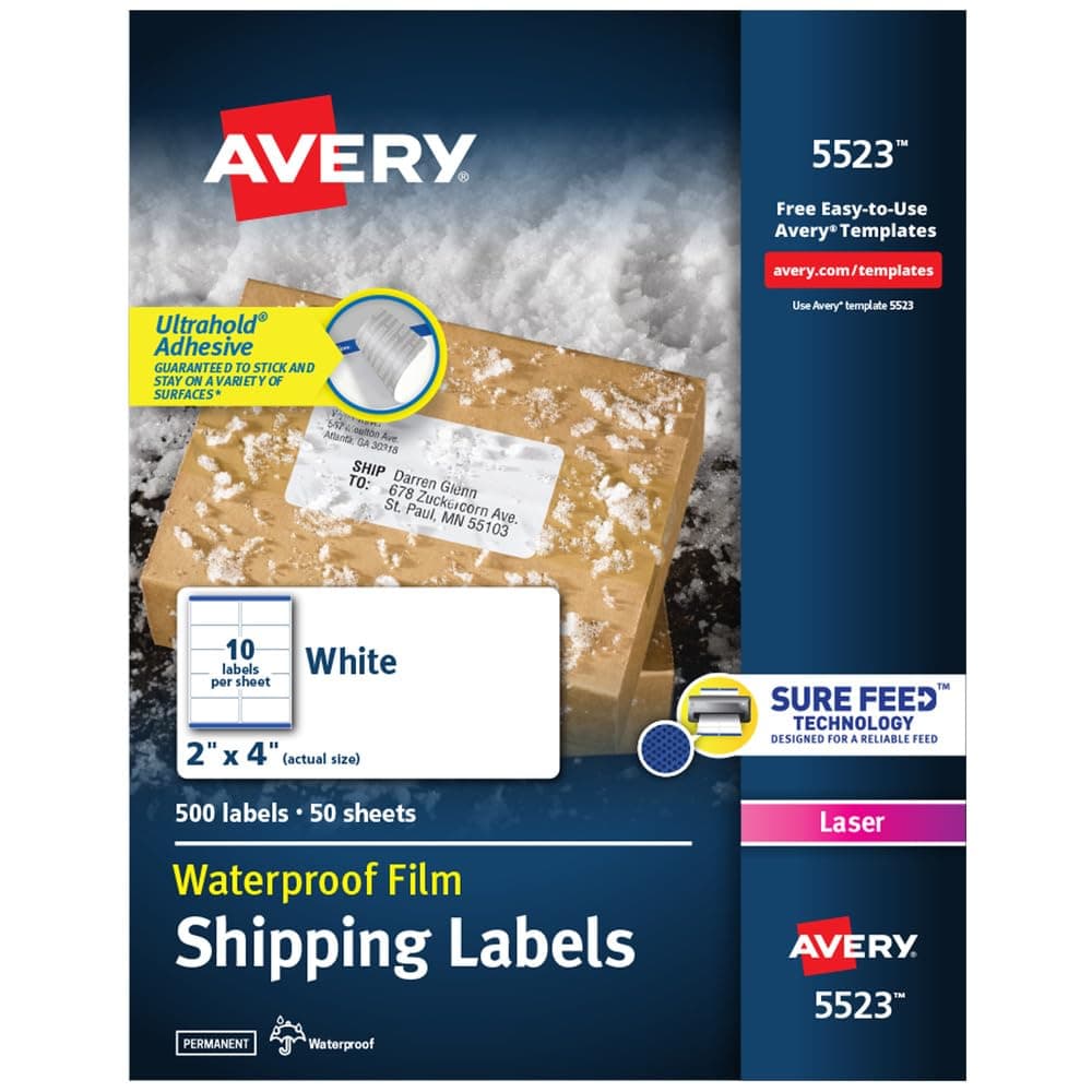 Avery Weatherproof Mailing Labels, TrueBlock Technology, Permanent Adhesive, 2" x 4", Box of 500, Case Pack of 5 (5523)