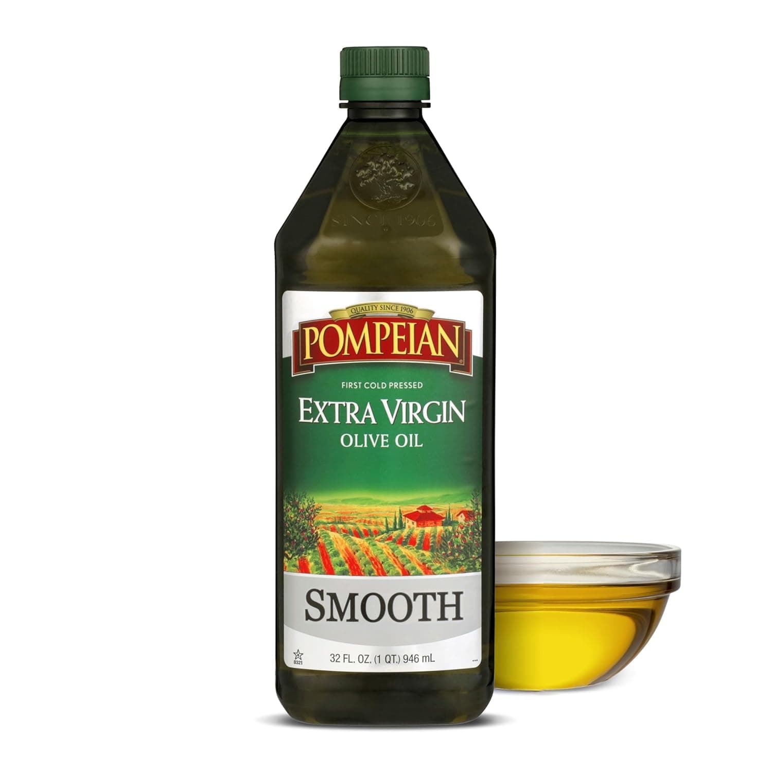 Pompeian Smooth Extra Virgin Olive Oil, First Cold Pressed, Mild and Delicate Flavor, Perfect for Sauteing and Stir-Frying, 32 FL. OZ.