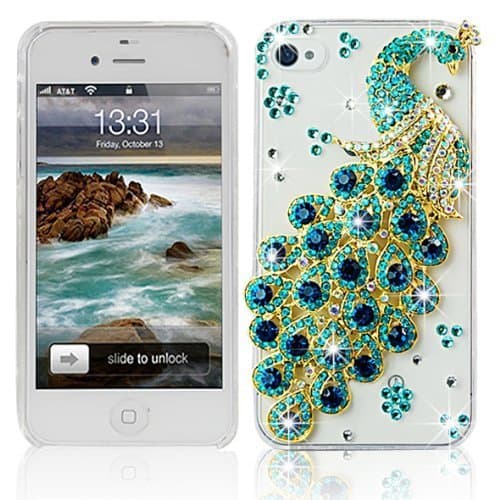 Poposh For Apple iPhone 4 4S 3D Crystal Bling Glitter Diamond Case Cover with Green Blue Peacock - Transparent