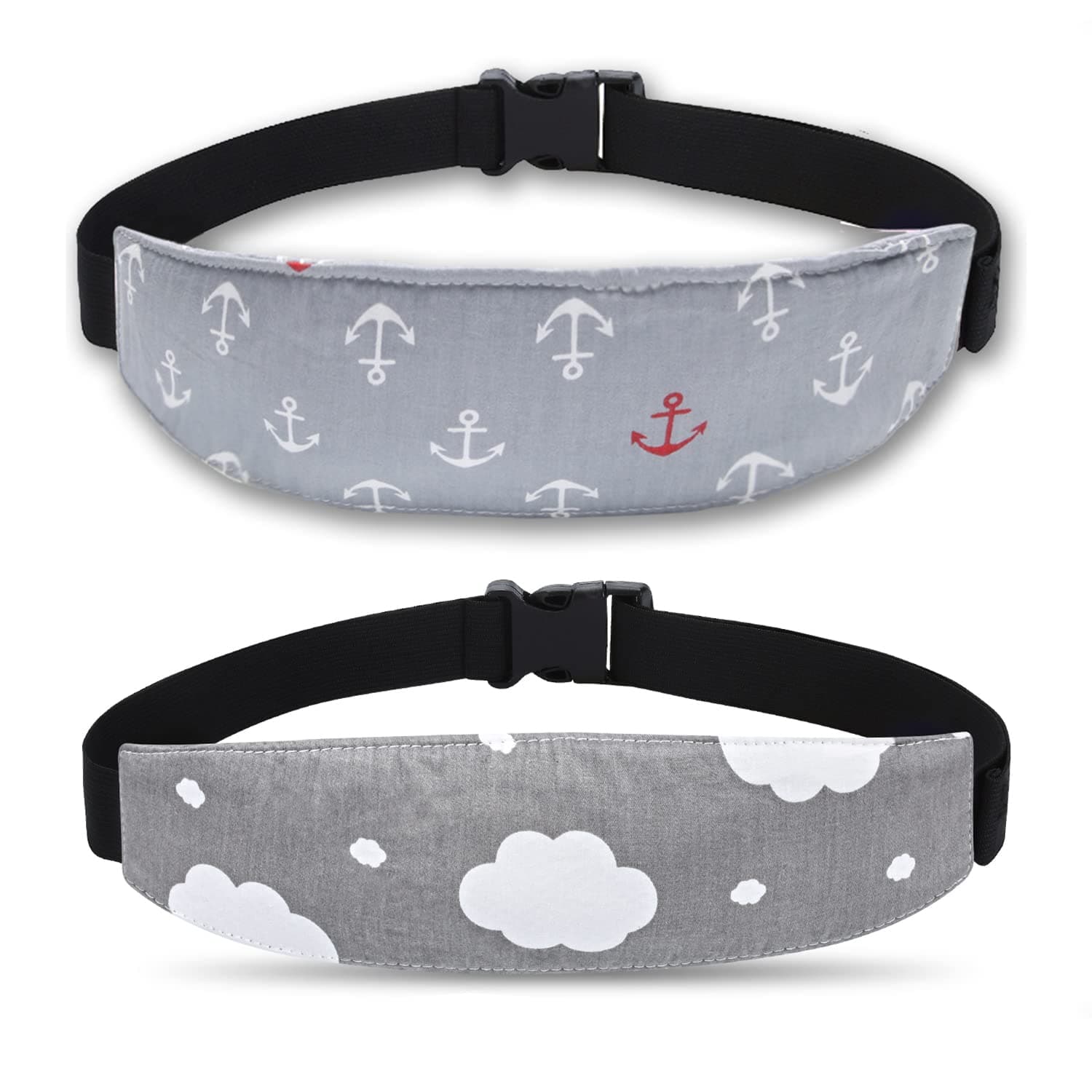 Carseat Head Support,Car seat Straps Pillow Support Ban,Stroller Neck Relief Strap Headrest,Slumber Sling Sleep Positioner (Gery Clouds+Anchor)