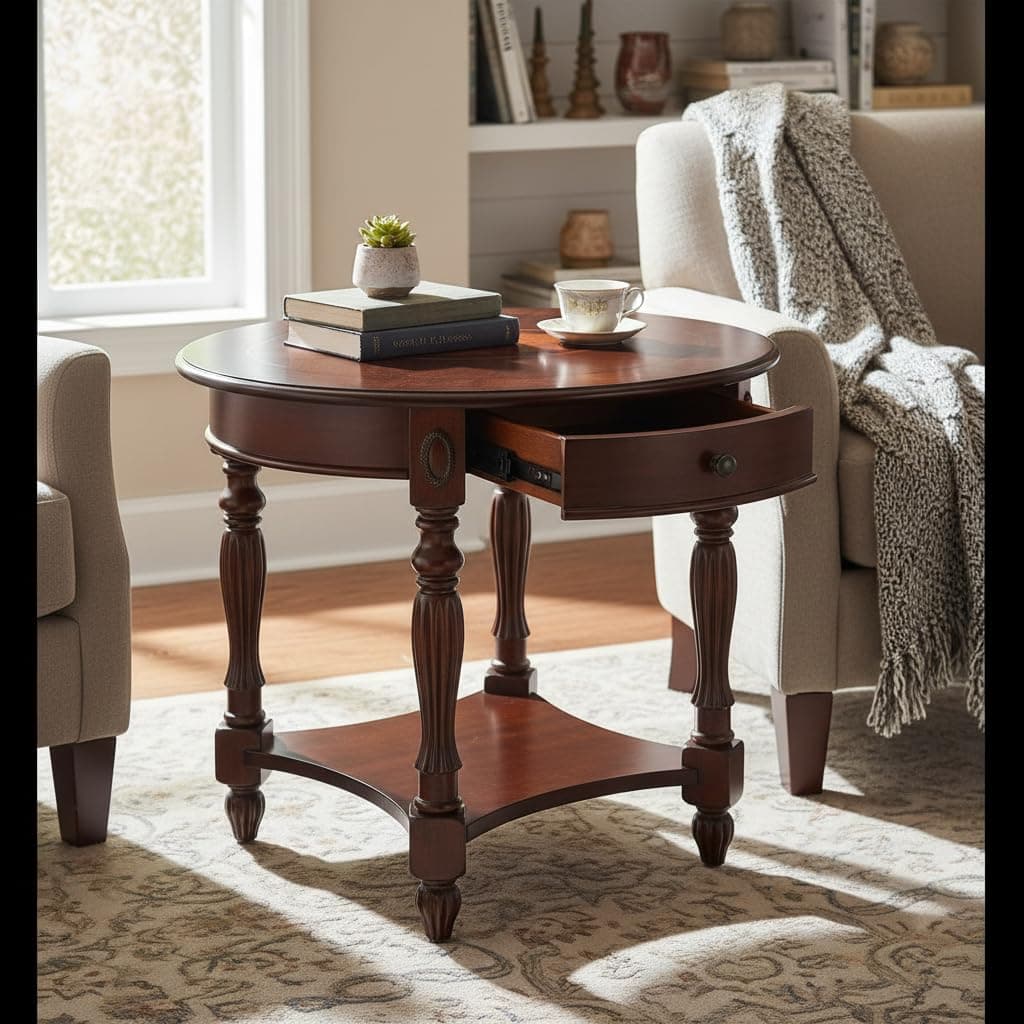 MODERION Solid Wood End Table with Drawer, Oval Sofa Side Table, Storage Shelf, Living Room Corner Table, Nightstand, 24”H Cherry Walnut CJZ1533WD-DR