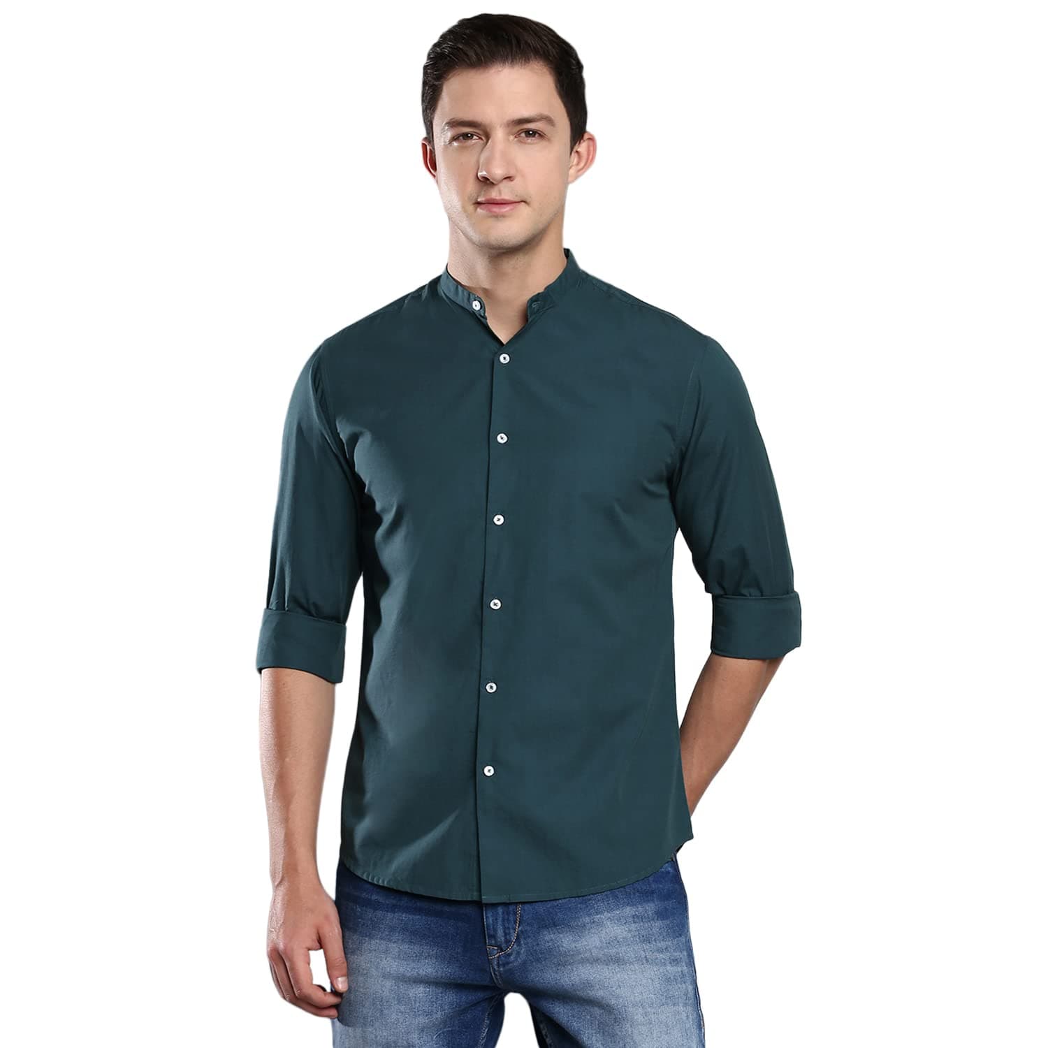 Dennis LingoMen's Solid Chinese Collar Casual Shirt