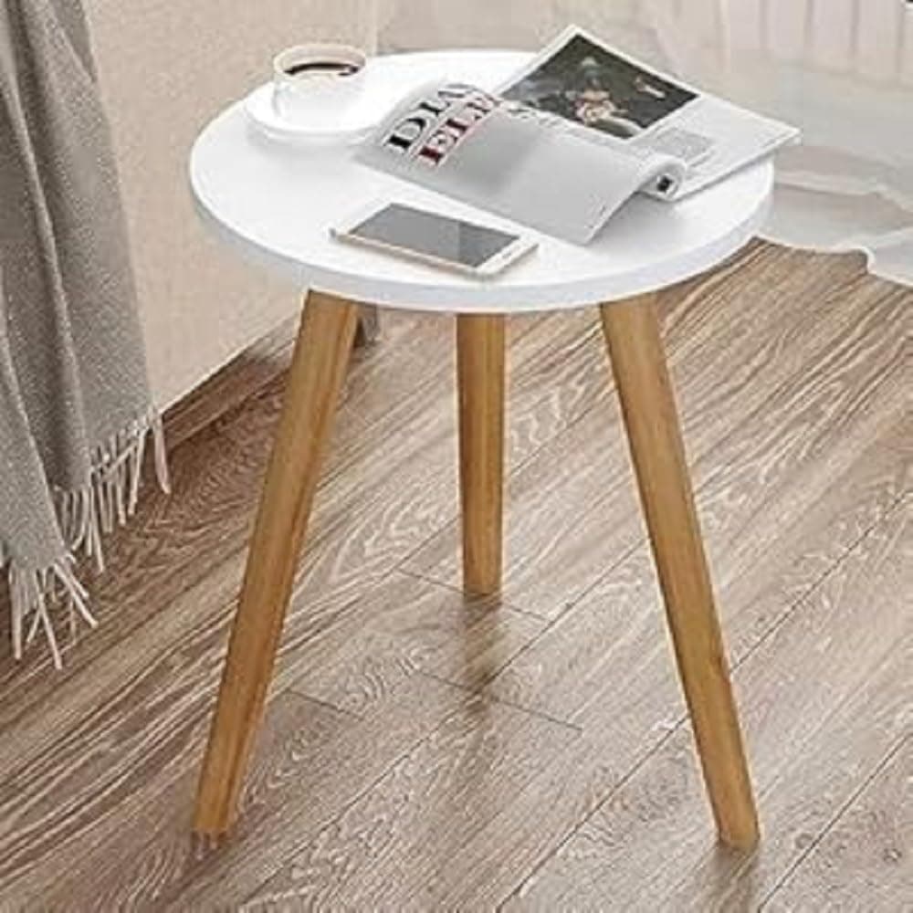 Round Side Table, Nightstand Coffee End Table for Living Room, Bedroom, Small Spaces, Easy Assembly Modern Home Decor Bedside Table with Natural Wood Legs (White)