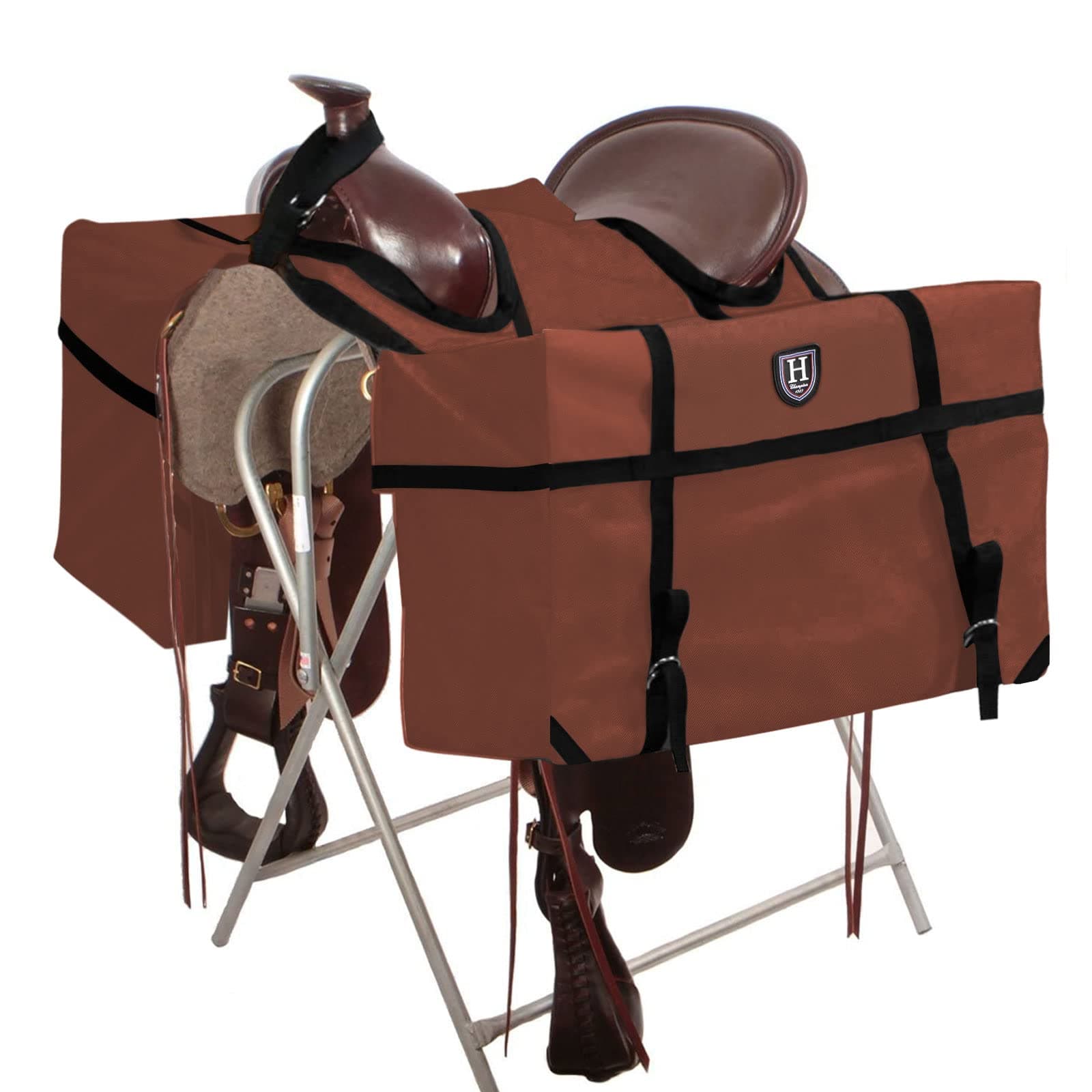 Harrison Howard Sturdy Secure Versatile Over-the-Horn Contoured No-Bounce Design Saddle Pack Pannier Bags Carrier Western Saddle Bag Brown