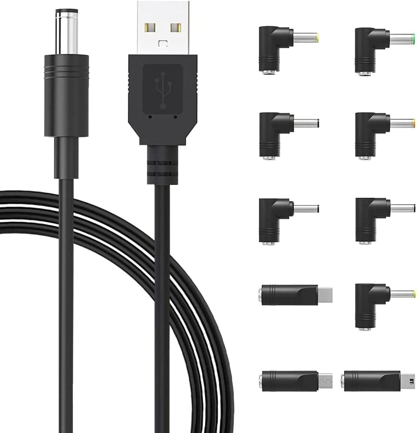 Universal 5V USB to DC 5V Power Cord 5.5 2.1 mm Plug Connector Tip Jack Charging Cable with 10 Connector Tips