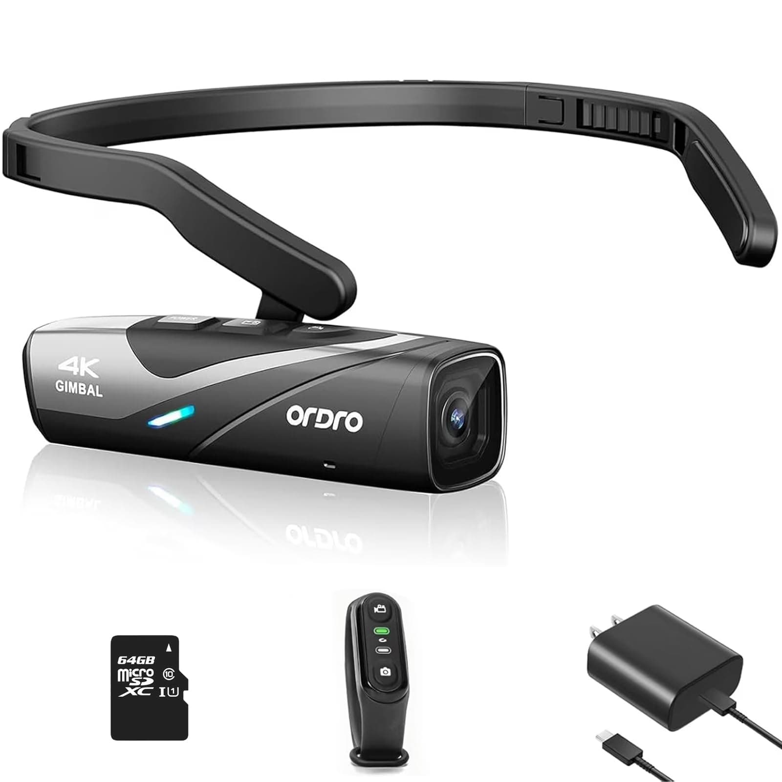 ORDRO EP8 4K 60FPS Head-Mounted Camera with 2-Axis Gimbal Stabilizer | Wearable Vlog Cam | Auto Focus, WiFi App & Remote Control | Includes 64GB Card