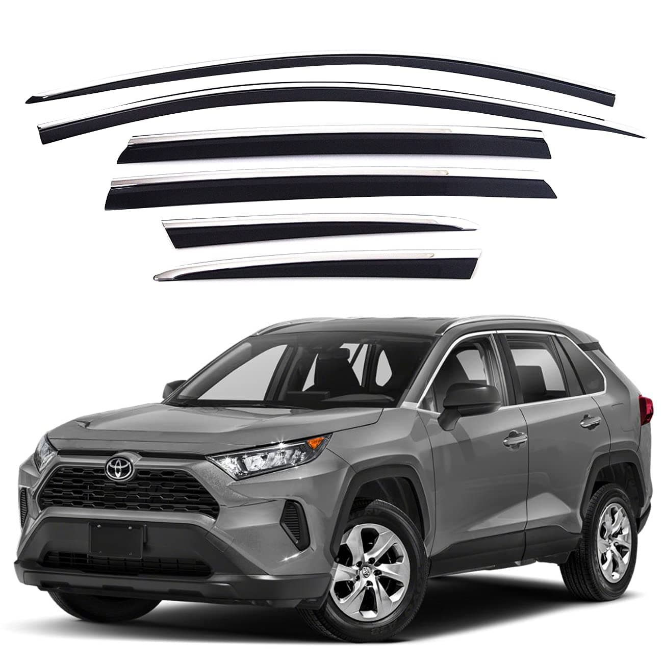 AUTOCLOVER Tape-On Rain Guards Window Visors 6 Pcs Set for Toyota Rav4 2019 2020 2021 2022 2023 2024 2025 / Window Deflectors, Out-Channel Vent Shades (Chrome Line Black)