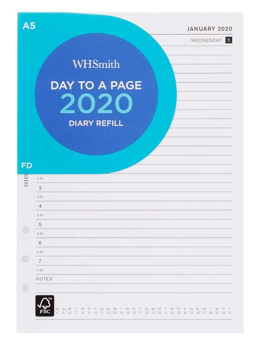WHSmith 2020 A5 Diary Refill Day to Page View in Hole Punched White Pages