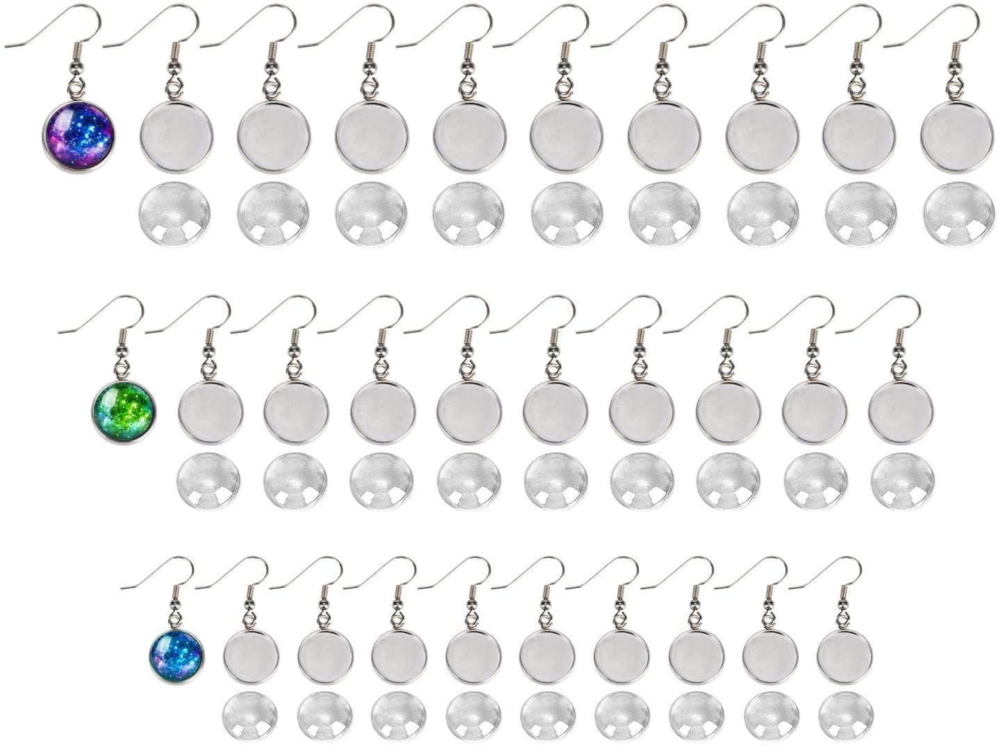 Silver Earring Blanks, Pack of 30 Units. Wire Hooks with Small 10mm 12mm 14mm Cabochon Settings. Perfect for DIY Making Supplies and Earring Findings