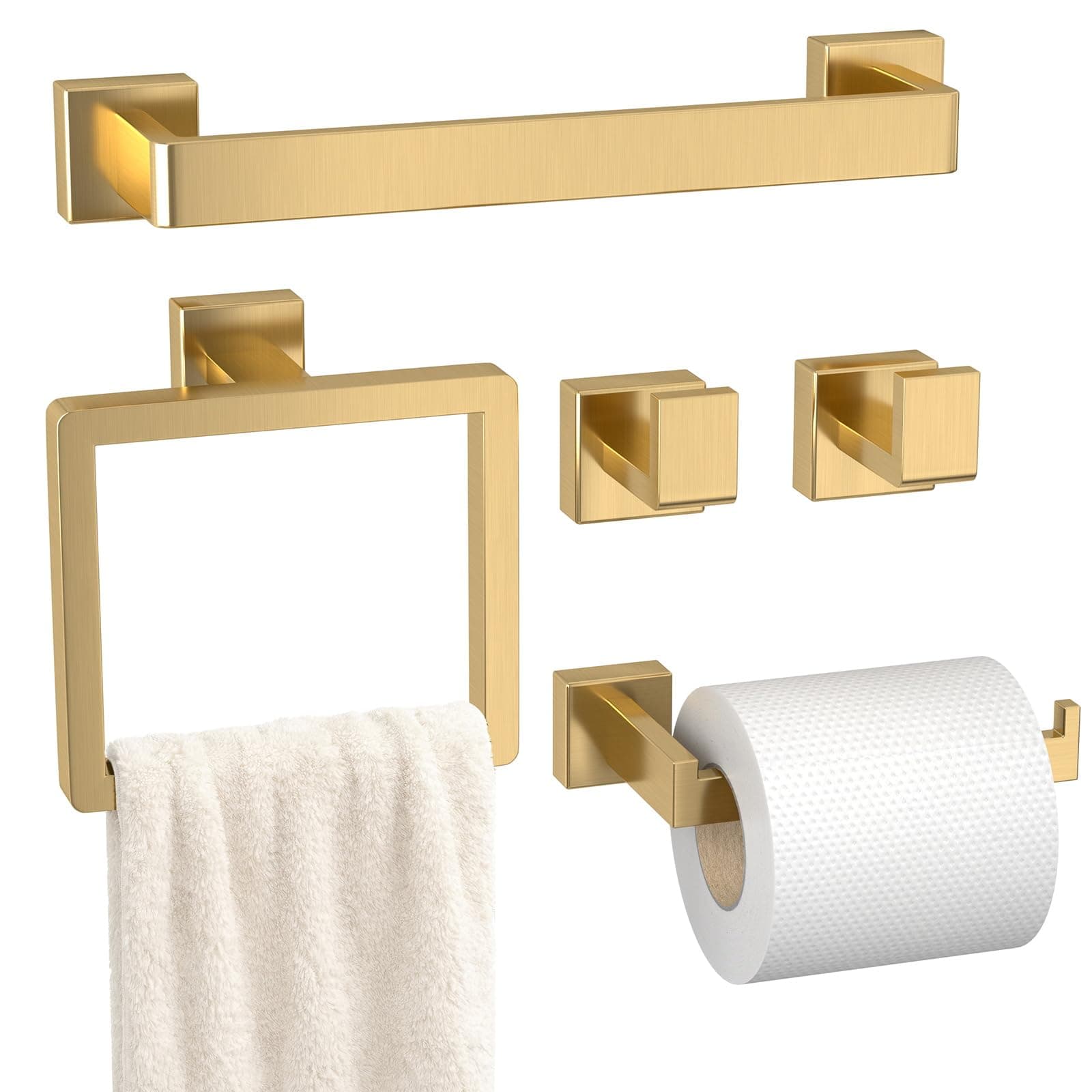 Bathroom Accessory Towel Bar Set: 5 Pieces Gold Bathroom Hardware Square SUS304 Stainless Steel - Wall Mounted Towel Rack&Toilet Paper Holder&Towel Ring and Towel Hook
