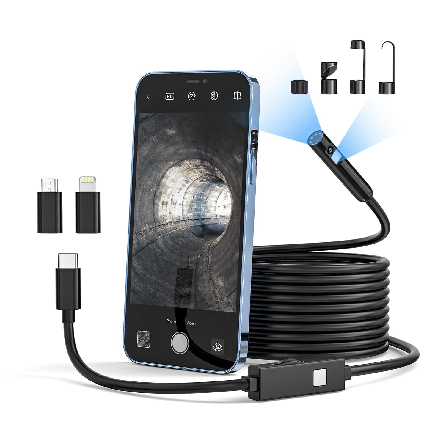 Dual Lens Endoscope Inspection Camera, Qimic Endoscope Borescope Camera with 8+1 LED Lights, 16.4FT Semi-Rigid SnakeCamera with 7.9mm IP67 Waterproof Probe for Android, iPhone(Black, No WiFi Needed)