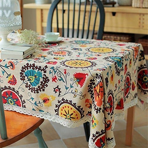 Bohemian Style Rectangle Tablecloth Linen Lace Table Cloth for Dinner Parties Table Cover (35.4X35.4 inch, Bohemian Style)
