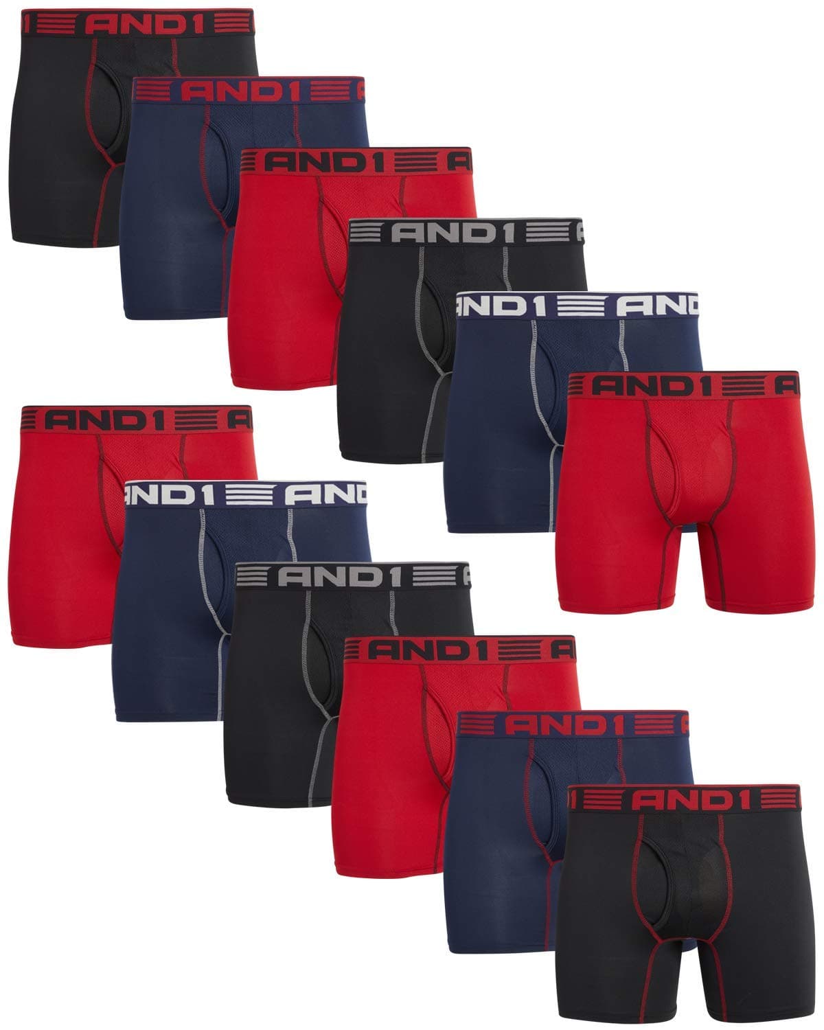 AND1Men's Underwear Boxer Briefs - 12 Pack Performance Stretch Compression Boxers for Men with Functional Fly Pouch (S-3XL)