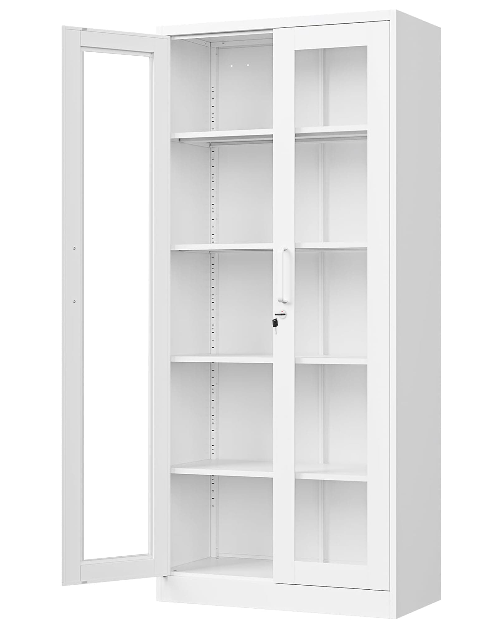 Display Cabinet with Glass Doors, 67''H Metal Display Case with Lock and 4 Adjustable Shelves, HD Tempered Glass Curio Storage Cabinet for Home, Office, Pantry, Assemble Required (White)