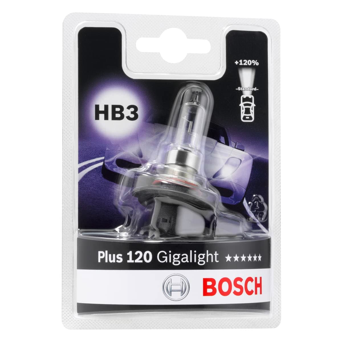 Bosch HB3 (9005) Plus 120 Gigalight Halogen Headlight Bulb, 12 V 60 W, 120% more Light - Socket P20d - 1 Replacement Car Light Bulb