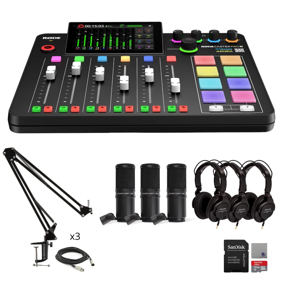 Rode RODECaster Pro II Audio Production Studio Bundle with 3x Zoom ZDM-1 Podcast Mic Packs, StreamEye Adjustable Boom Arms, 32GB microSD Card and StreamEye Polishing Cloth