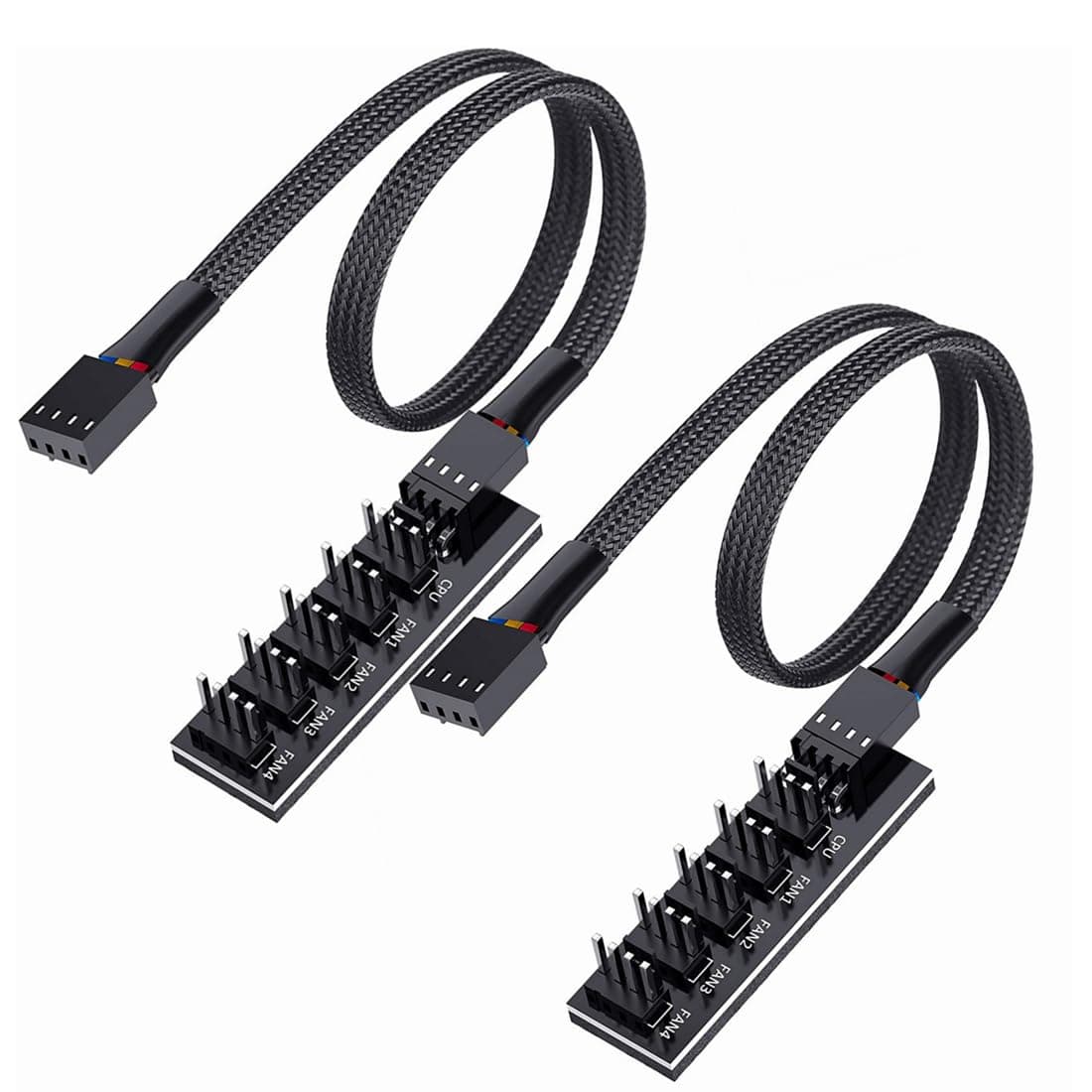 2 Pack Cooling Fan 1 to 5 Hub, All 4 Pin Cooling Fans Power Extension Cable for PC Case Internal Motherboard Fan, 5 Way Splitter Wire for ATX Computer Case, Sleeved Braided (16 inches)