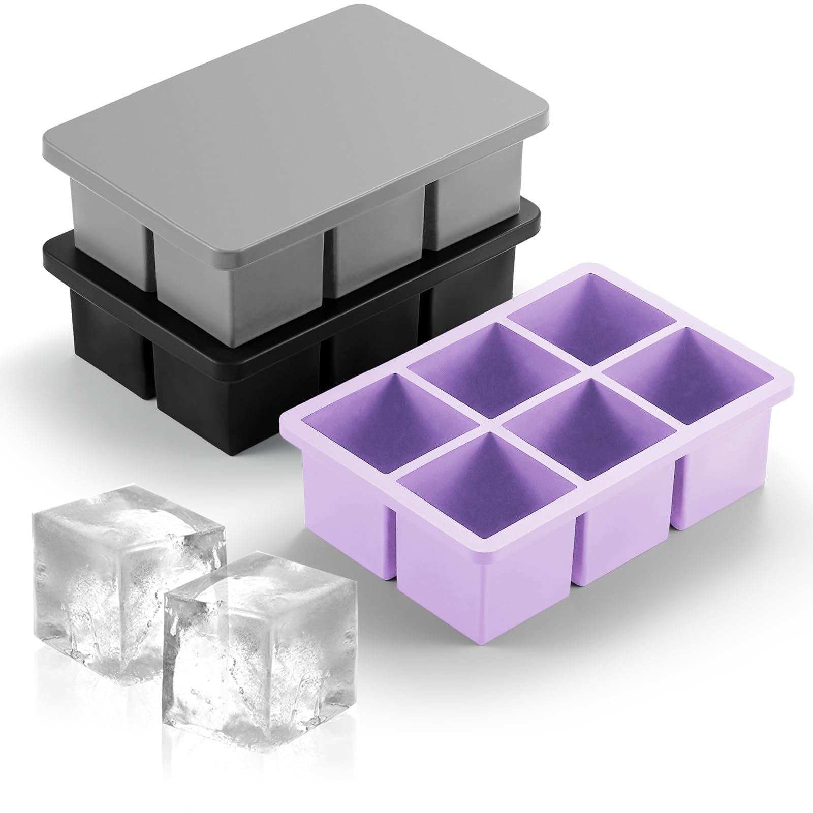 Nax Caki 3 Pack Silicone Large Ice Cube Tray with Lid, Stackable Big Silicone Square Ice Cube Mold for Whiskey Cocktails Bourbon Soups Frozen Treats, BPA Free-3 Color