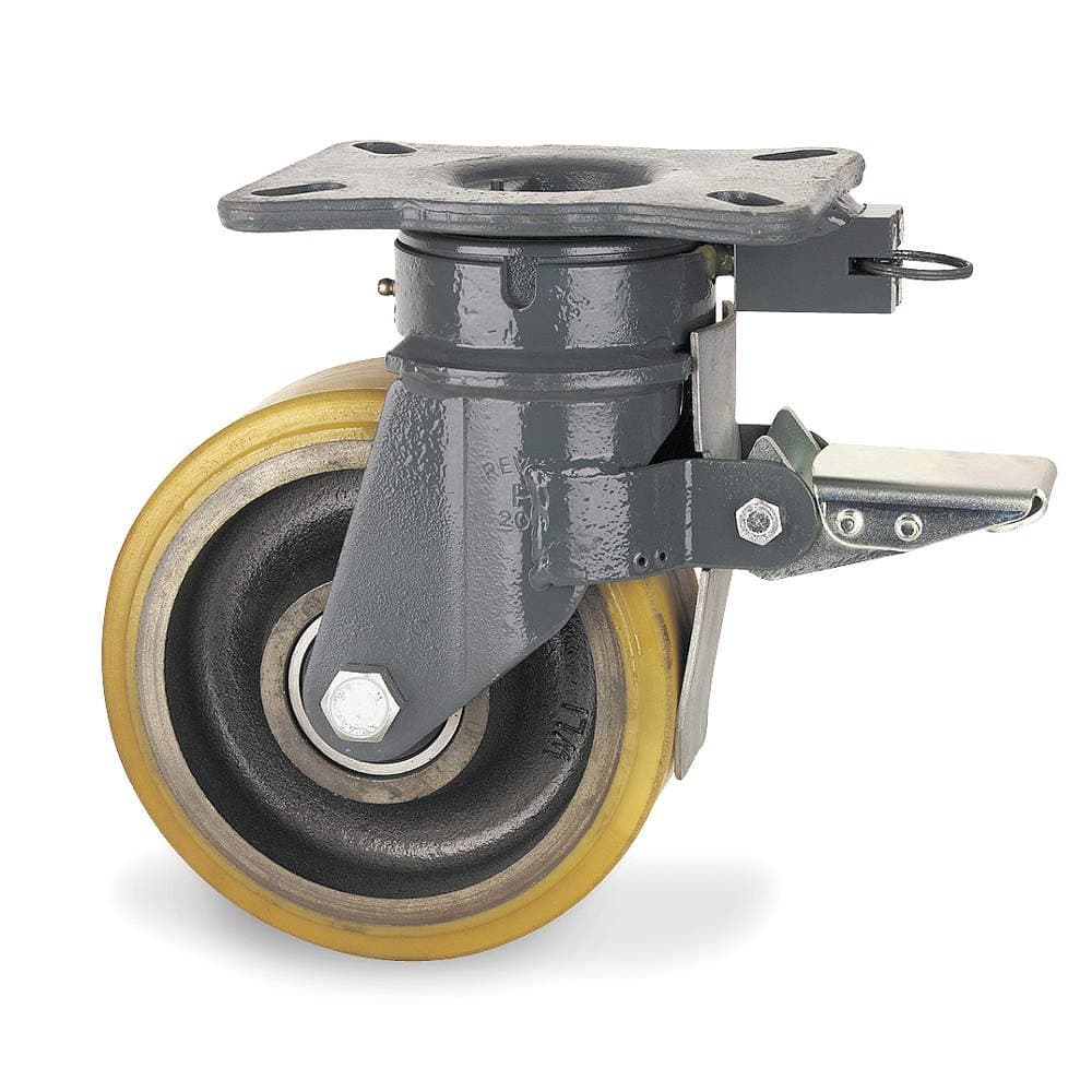 WP Series Plate Caster, Swivel, Polyurethane Wheel, 3965 lbs Capacity, 8" Wheel Dia, 3" Wheel Width, 10-1/2" Mount Height, 7-7/16" Plate Length, 6" Plate Width