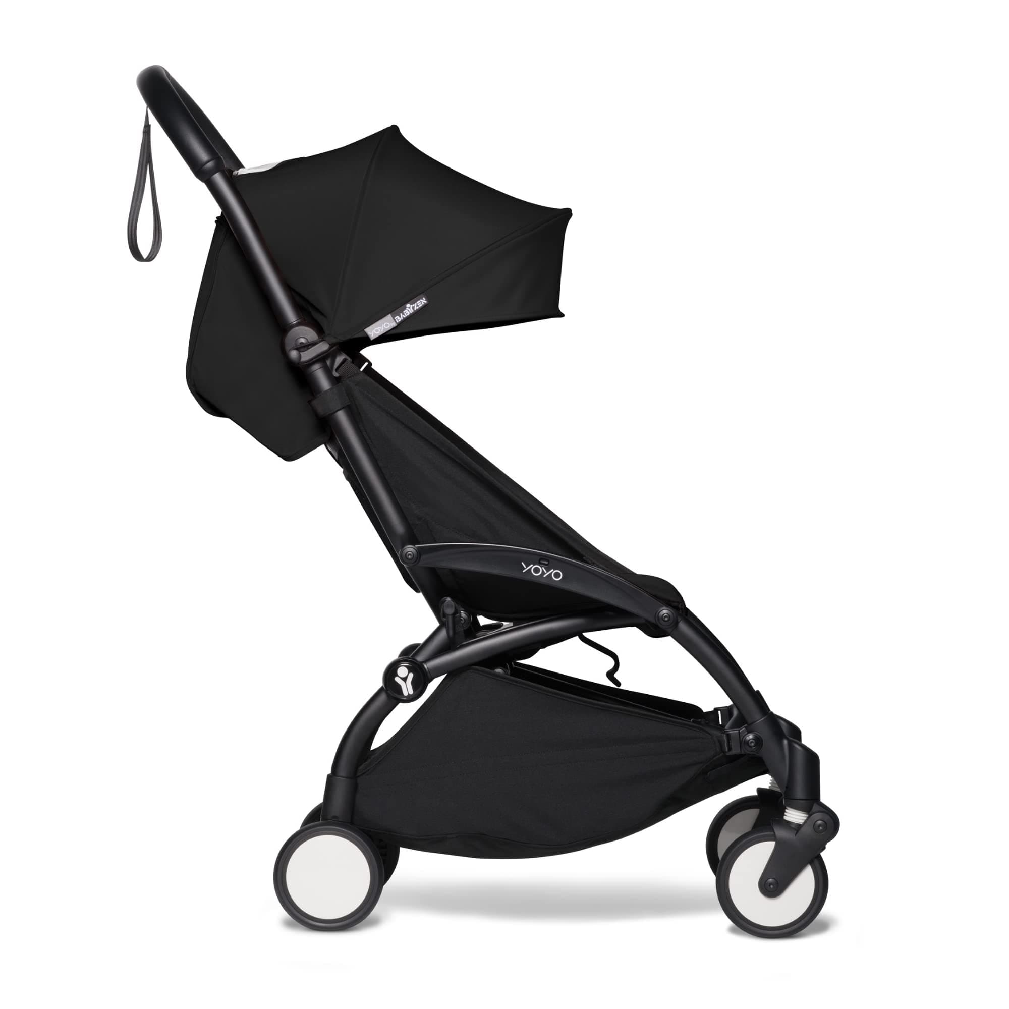 BABYZEN YOYO2 Stroller - Includes Harness, Backrest, Hood Extensions, Shoulder Strap, Storage Bag, Seat Cushion & Matching Canopy - (Black Frame with Black 6+ Colour Pack)